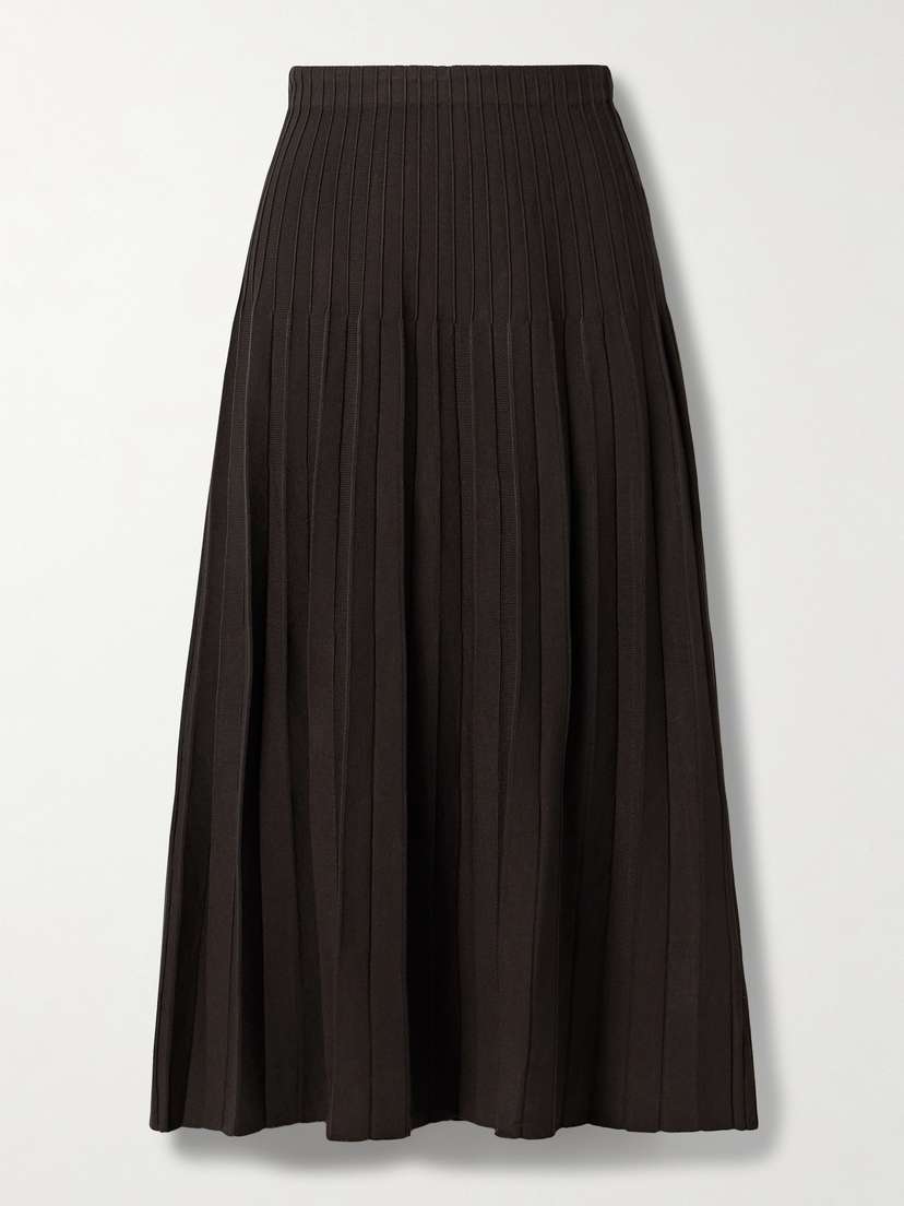 Staud Lena Pleated Ribbed-knit Midi Skirt