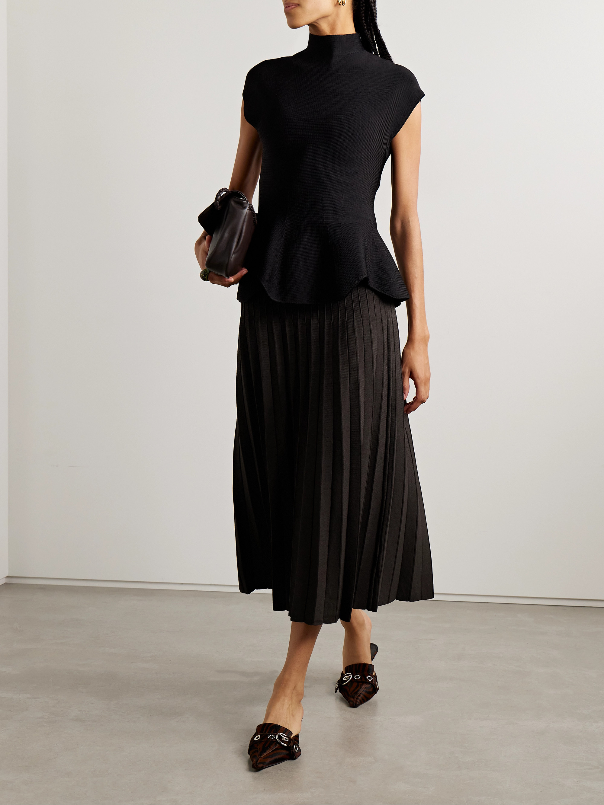 Staud Lena pleated ribbed-knit midi skirt thumbnail