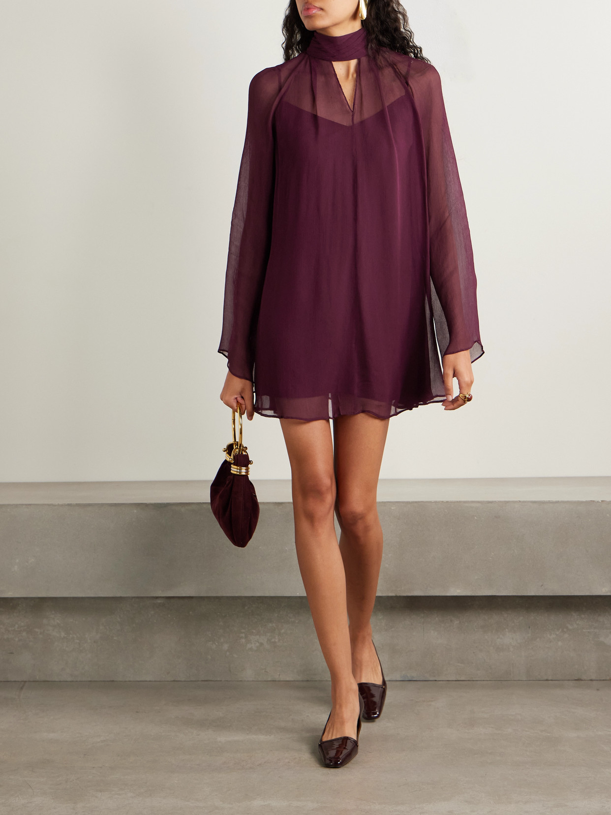 Staud Esther Cutout Crepon Turtleneck Mini Dress In Burgundy