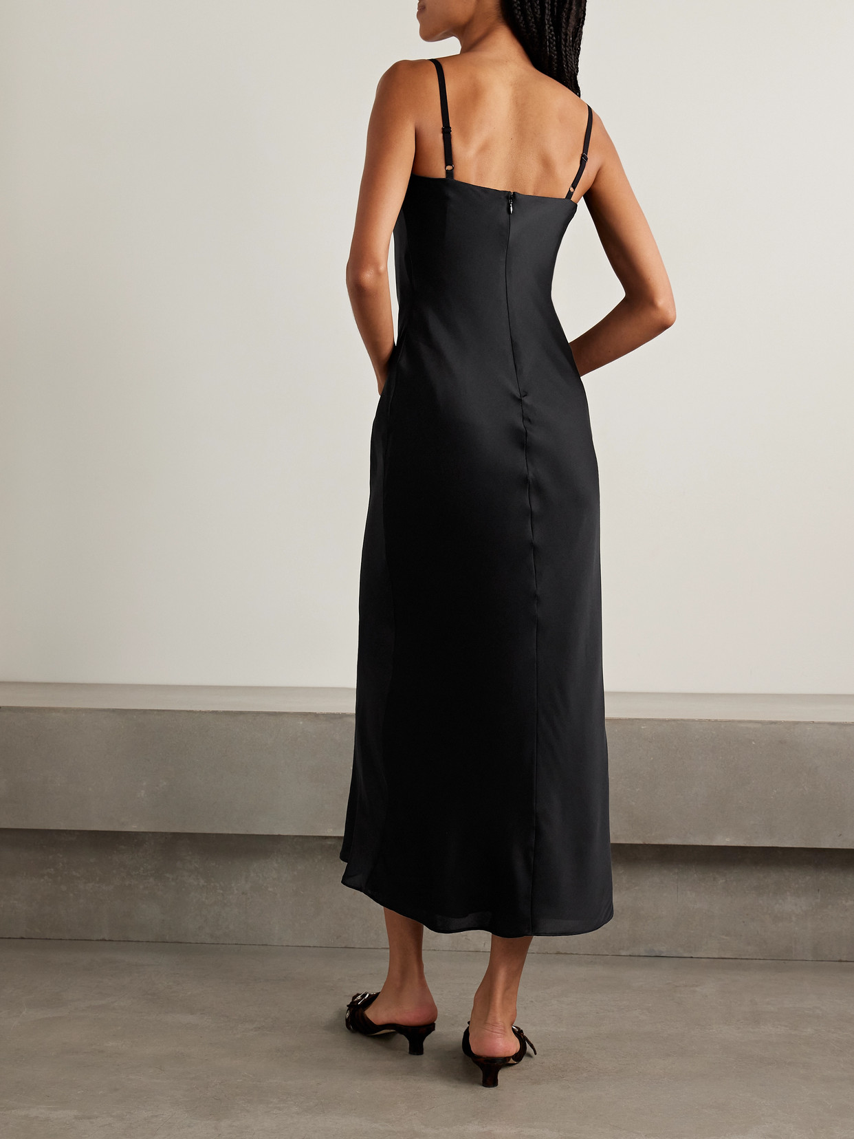 Staud Evangeline Lace-trimmed Draped Stretch-silk Midi Dress In Multi