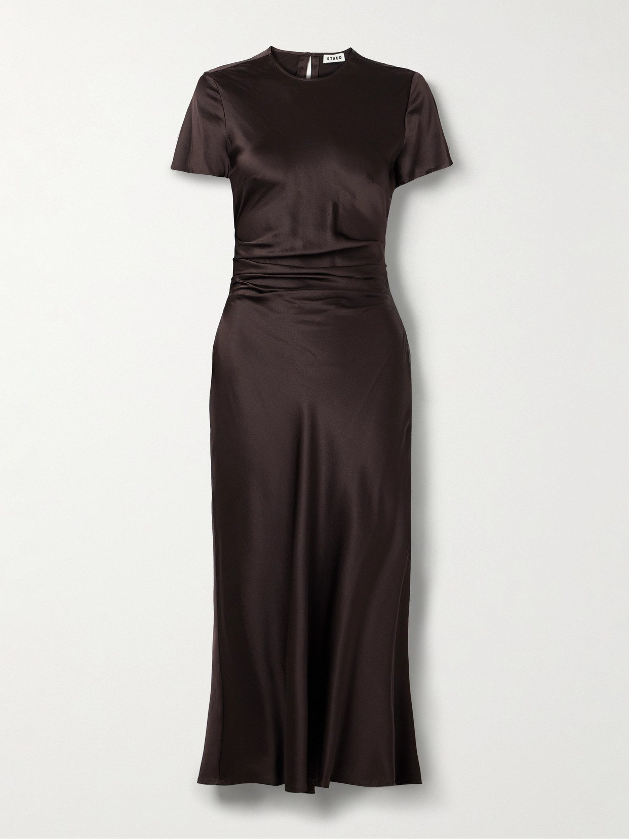 Staud Marcel Ruched Stretch-silk Charmeuse Midi Dress In Brown