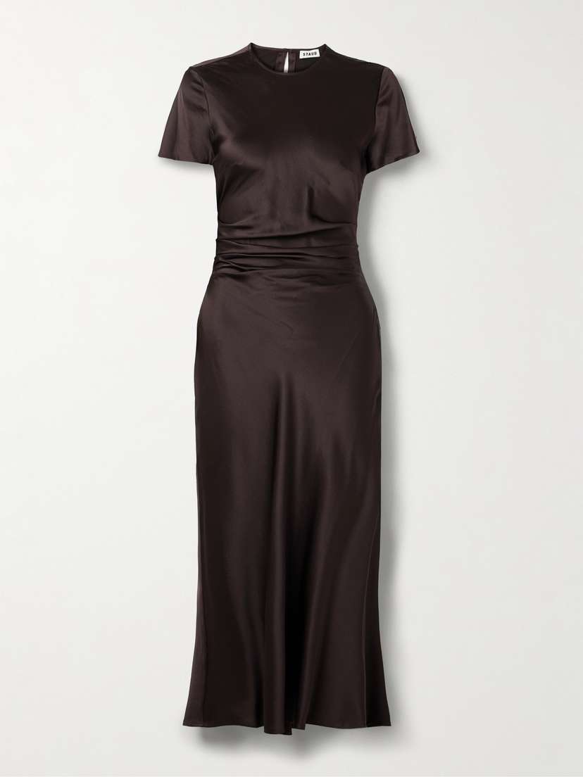 Staud Marcel Ruched Stretch-silk Charmeuse Midi Dress