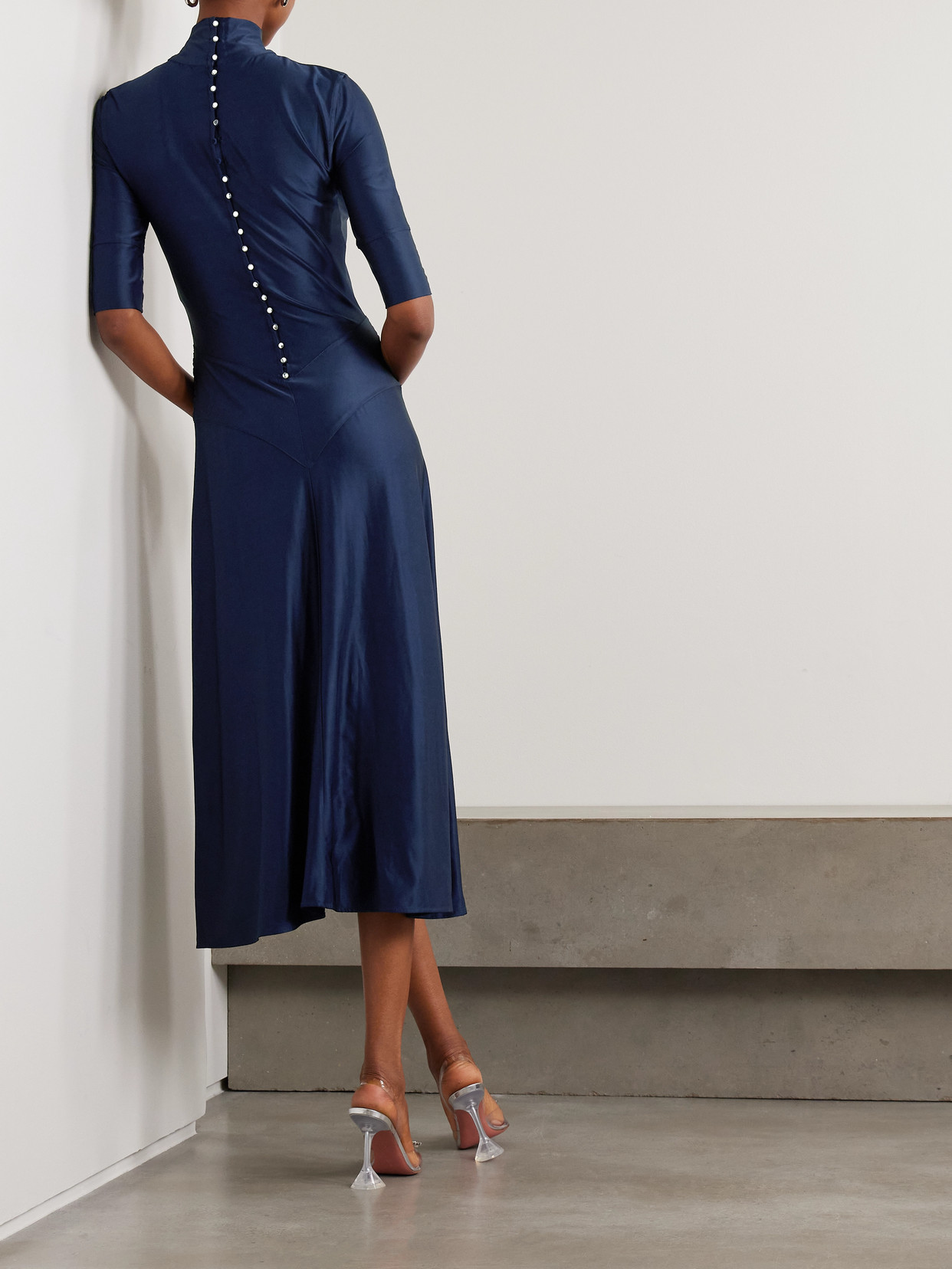 Rabanne Crystal-embellished Gathered Satin-jersey Midi Dress In Blue