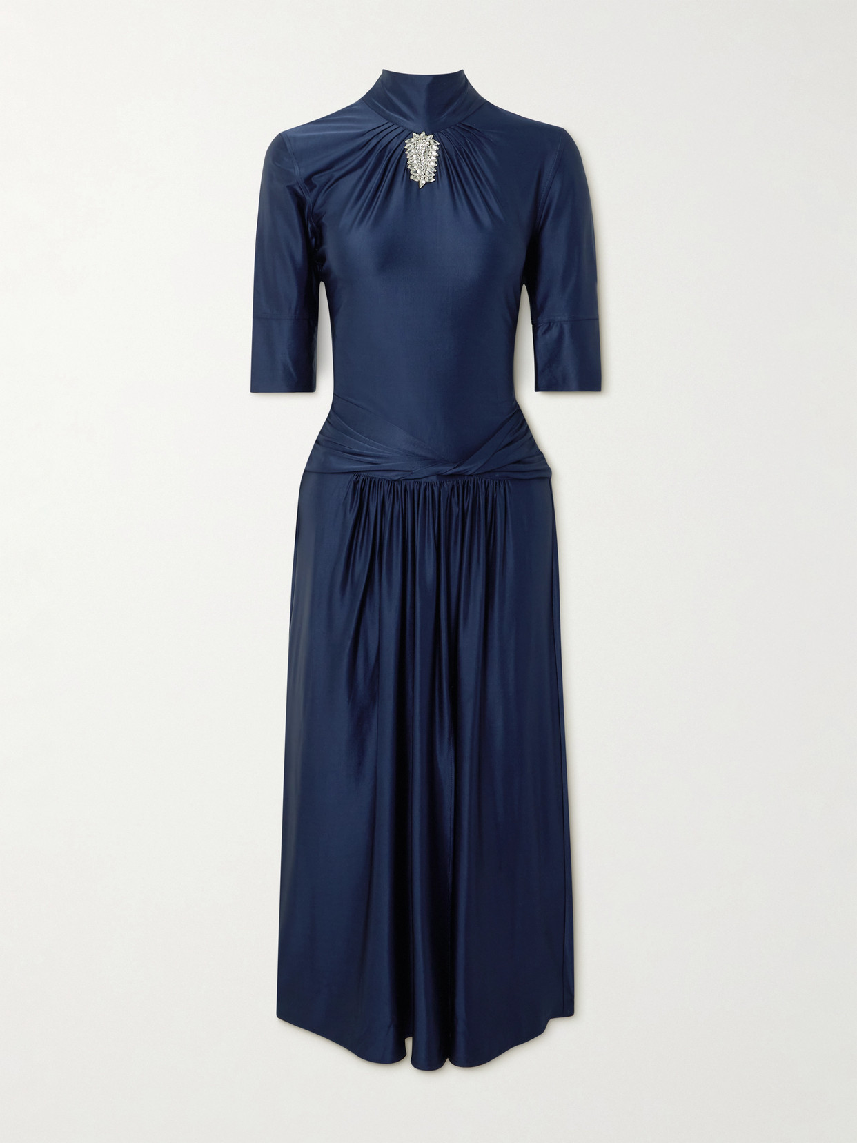 Rabanne Crystal-embellished Gathered Satin-jersey Midi Dress In Blue