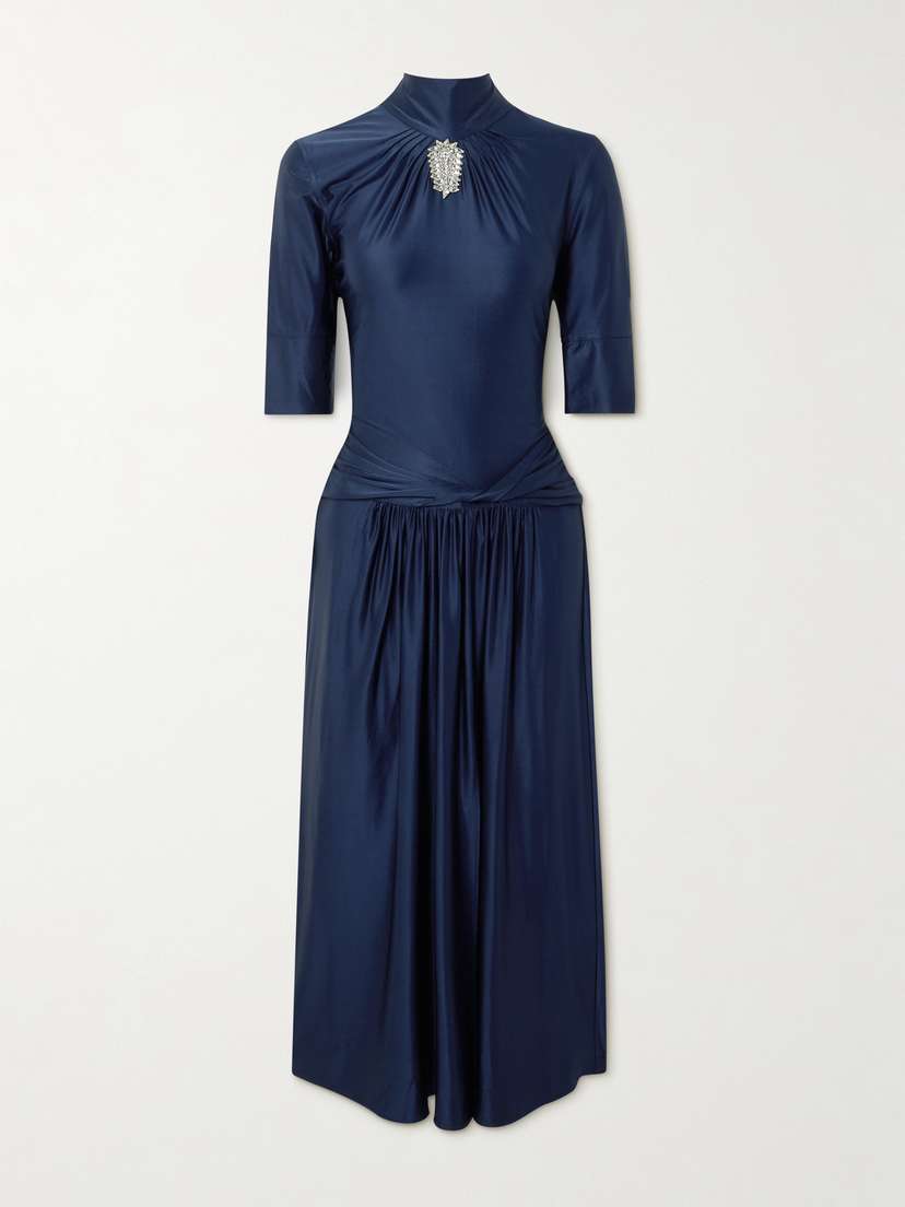Rabanne Crystal-embellished Gathered Satin-jersey Midi Dress