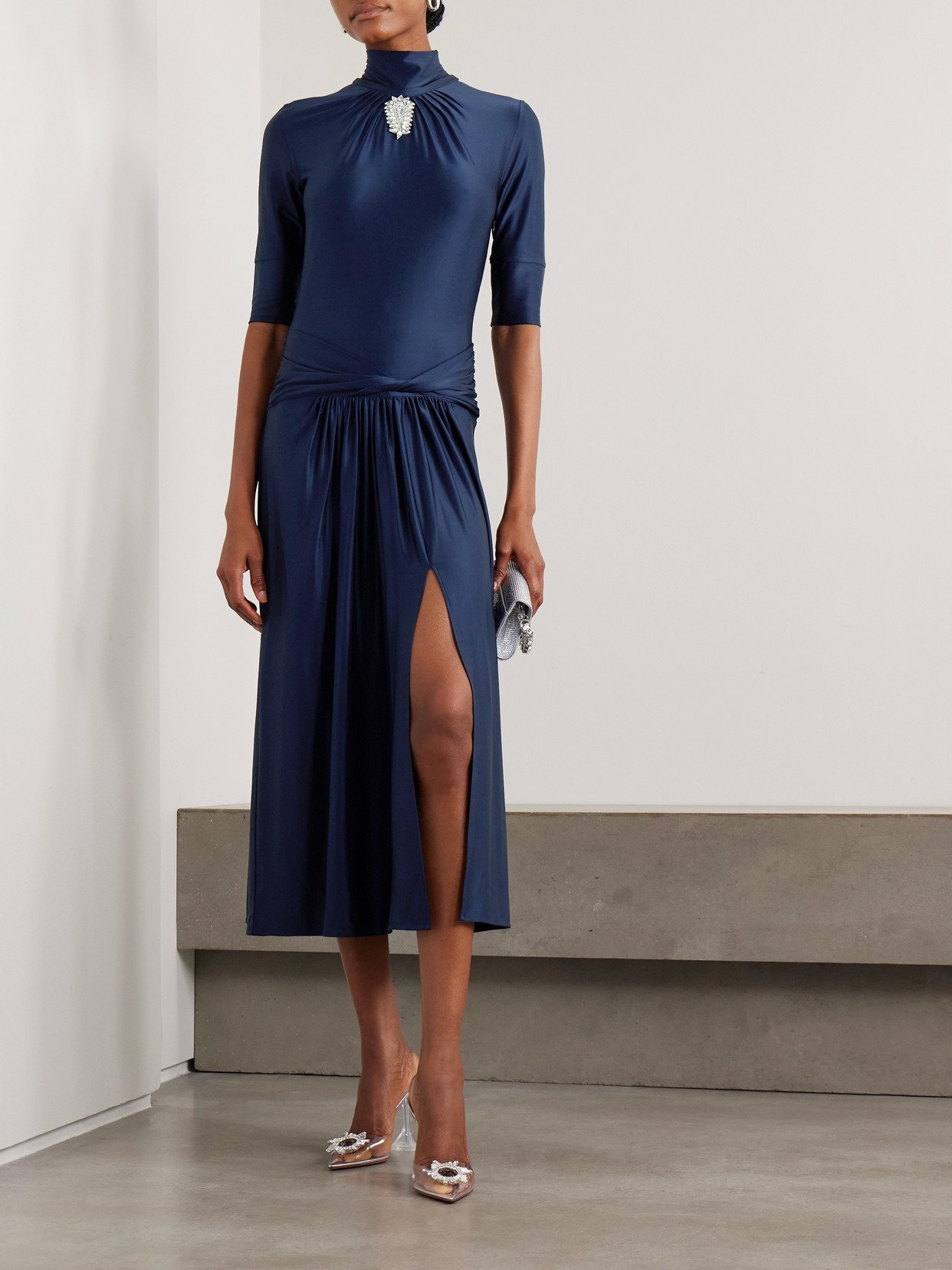 Rabanne Crystal-embellished Gathered Satin-jersey Midi Dress In Blue