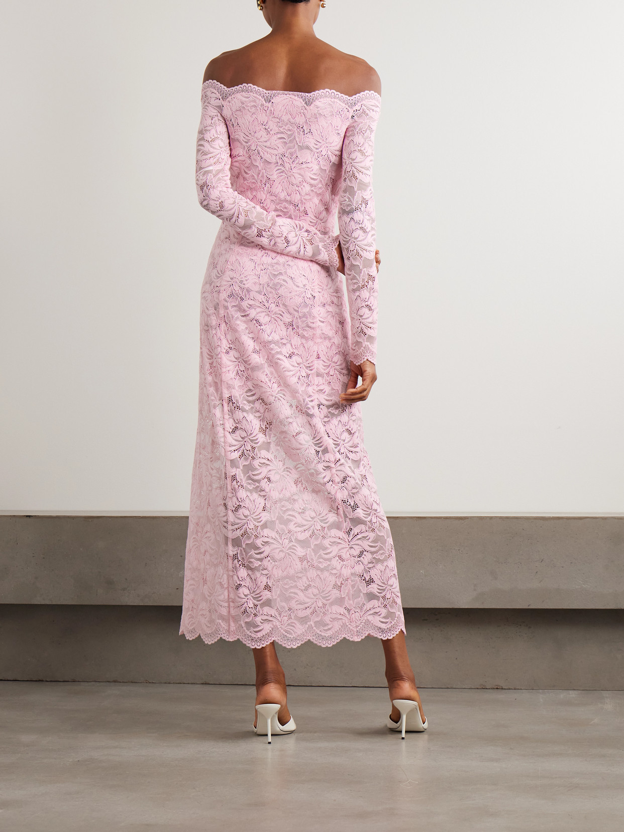 Rabanne Off-the-shoulder Stretch-lace Midi Dress In Pink