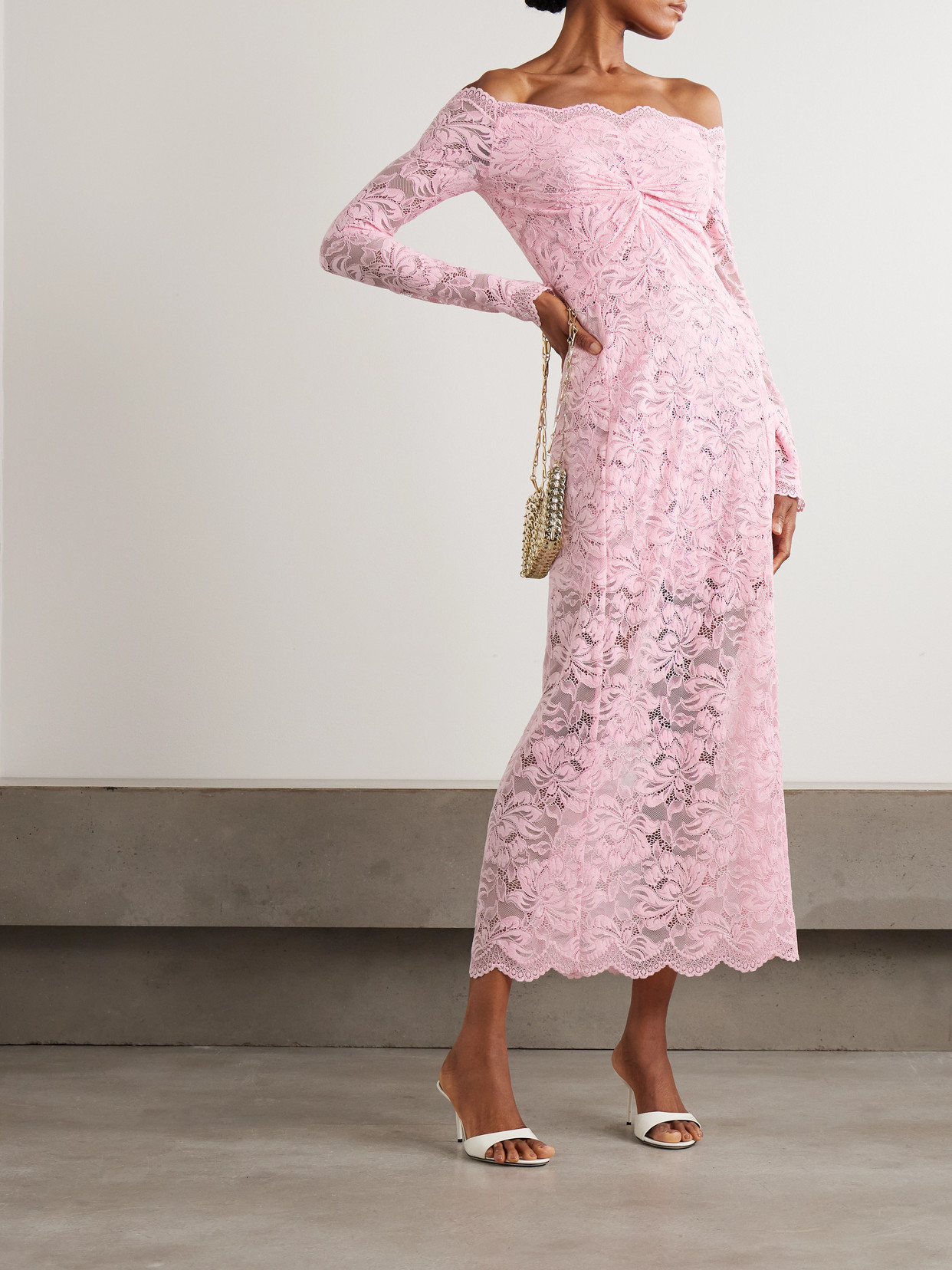 Rabanne Off-the-shoulder Stretch-lace Midi Dress In Pink