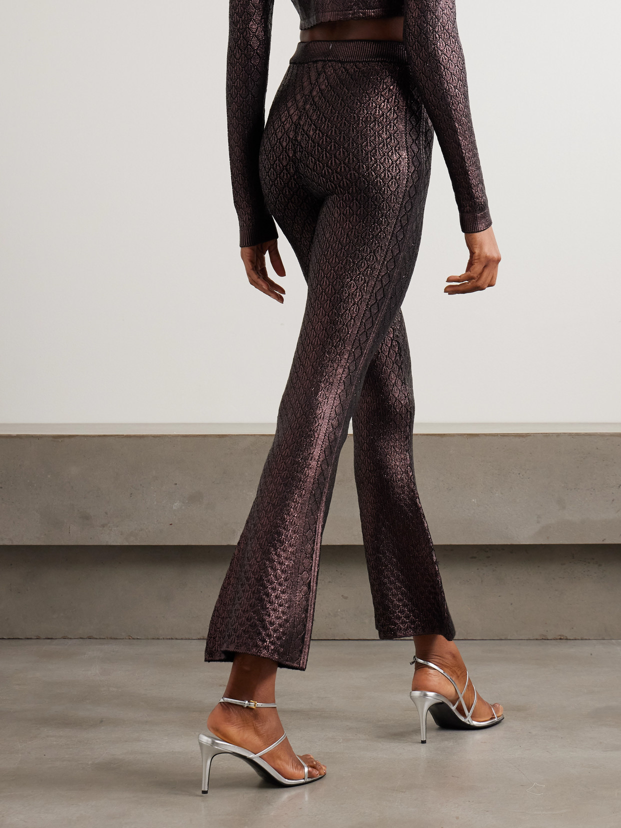 Rabanne Metallic Jacquard-knit Flared Pants In Brown