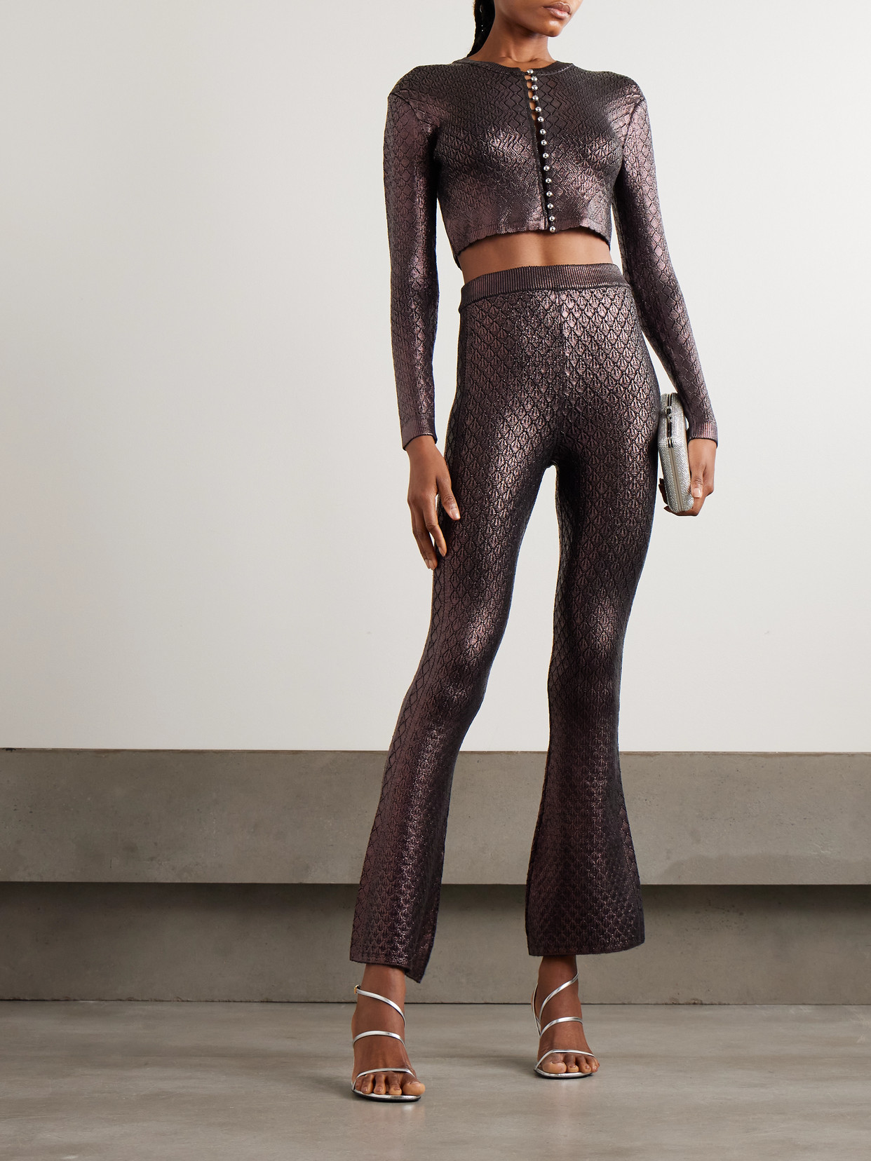 Rabanne Metallic Jacquard-knit Flared Pants In Brown