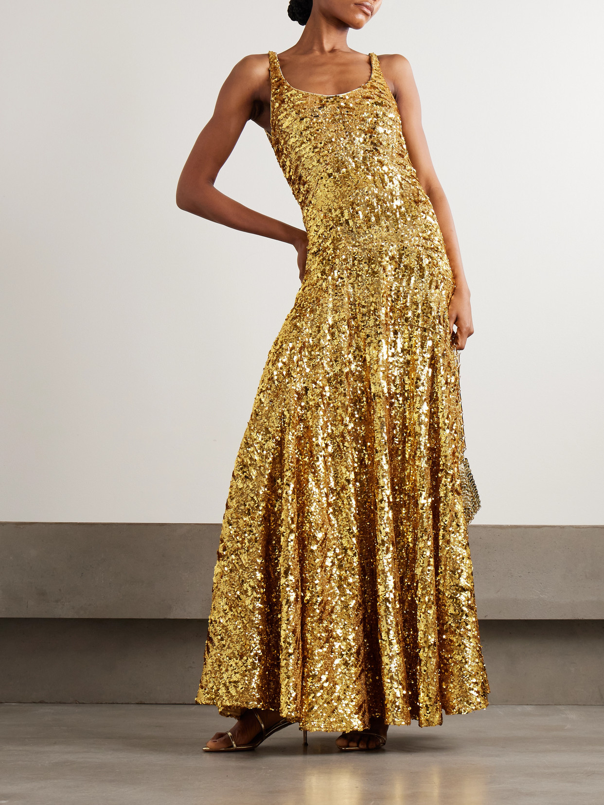 Rabanne Sequined Crepe De Chine Maxi Dress In Yellow
