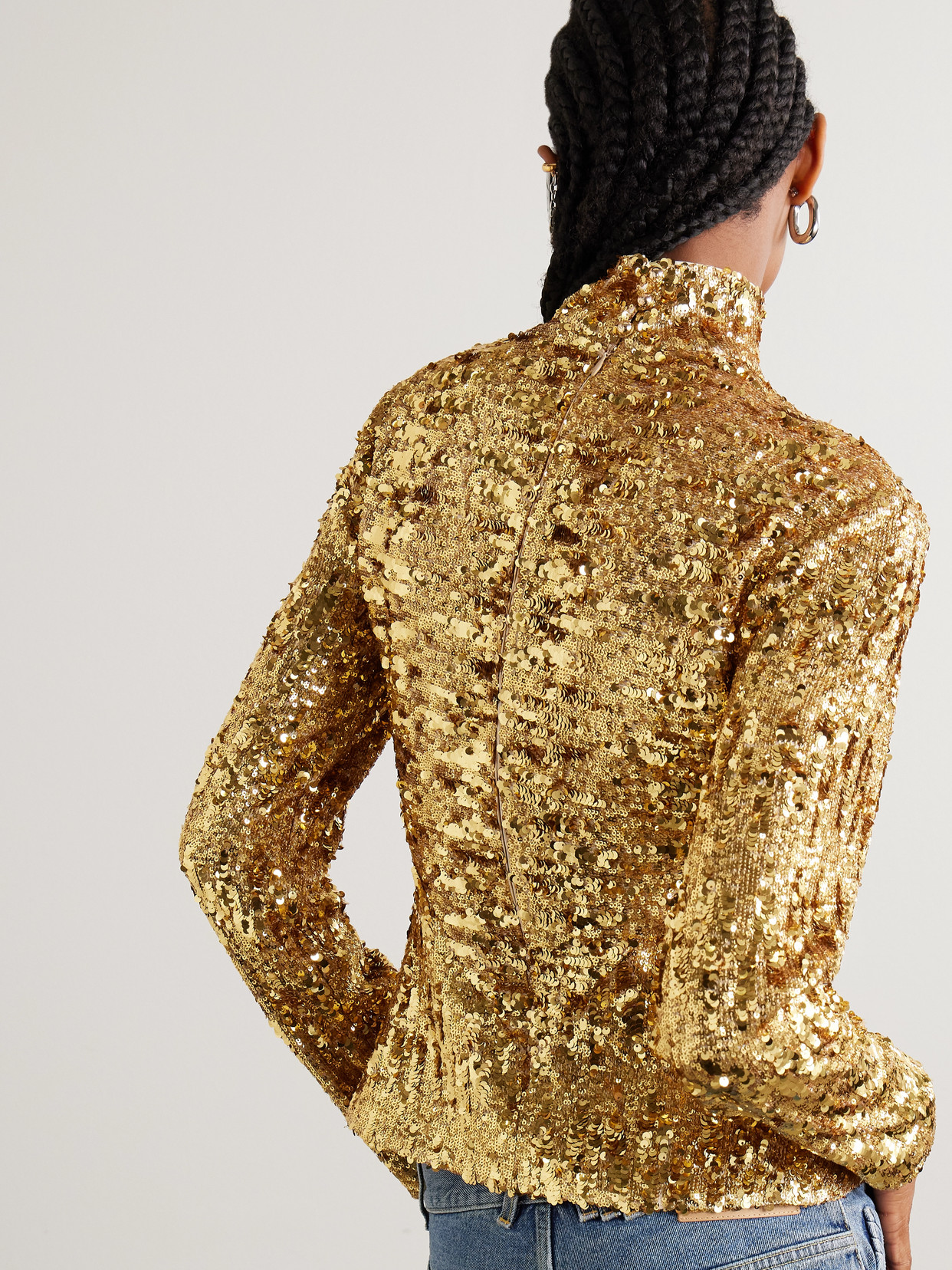 Rabanne Sequined Crepe De Chine Turtleneck Top In Gold