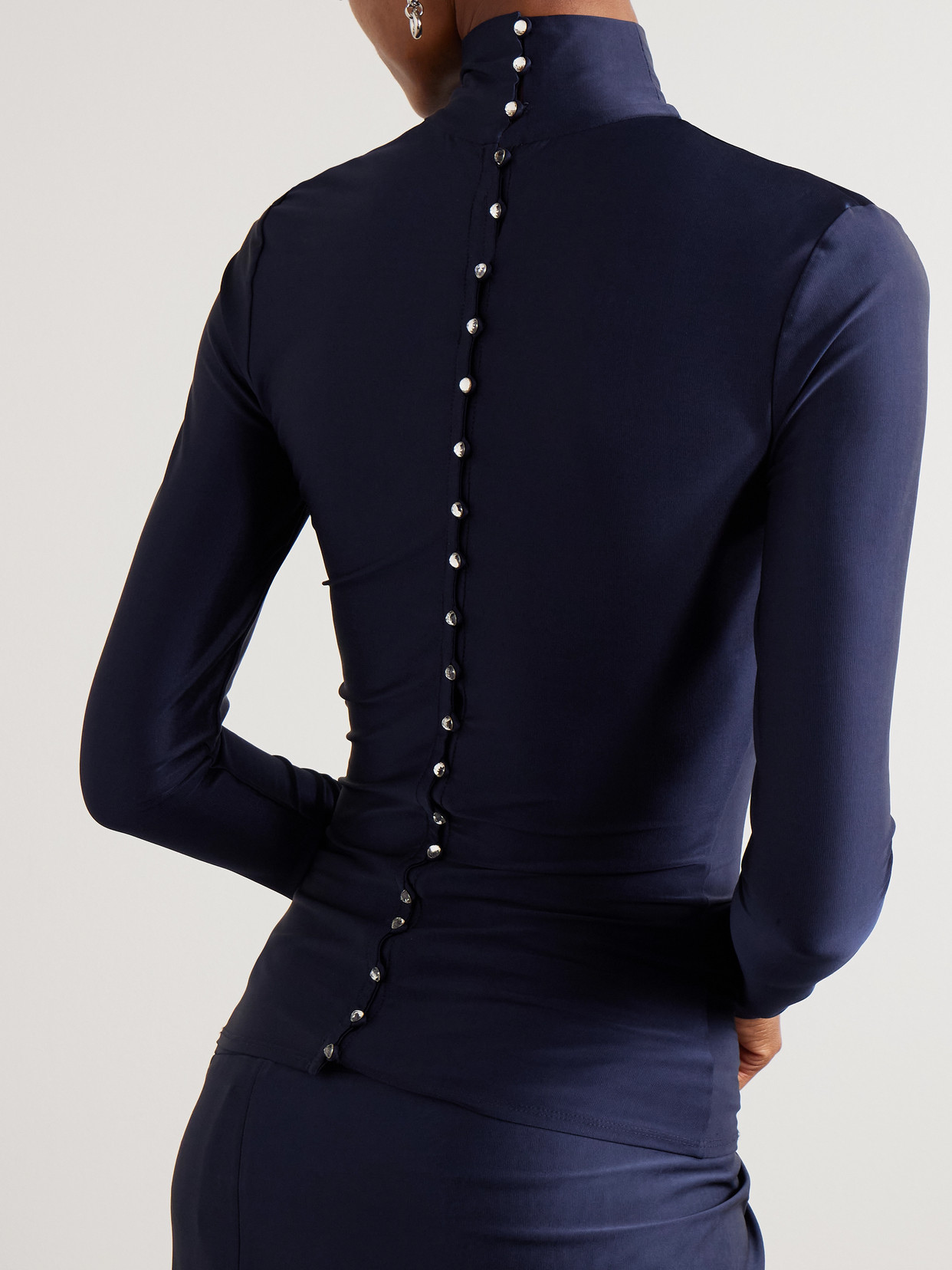 Rabanne Crystal-embellished Gathered Satin-jersey Top In Blue