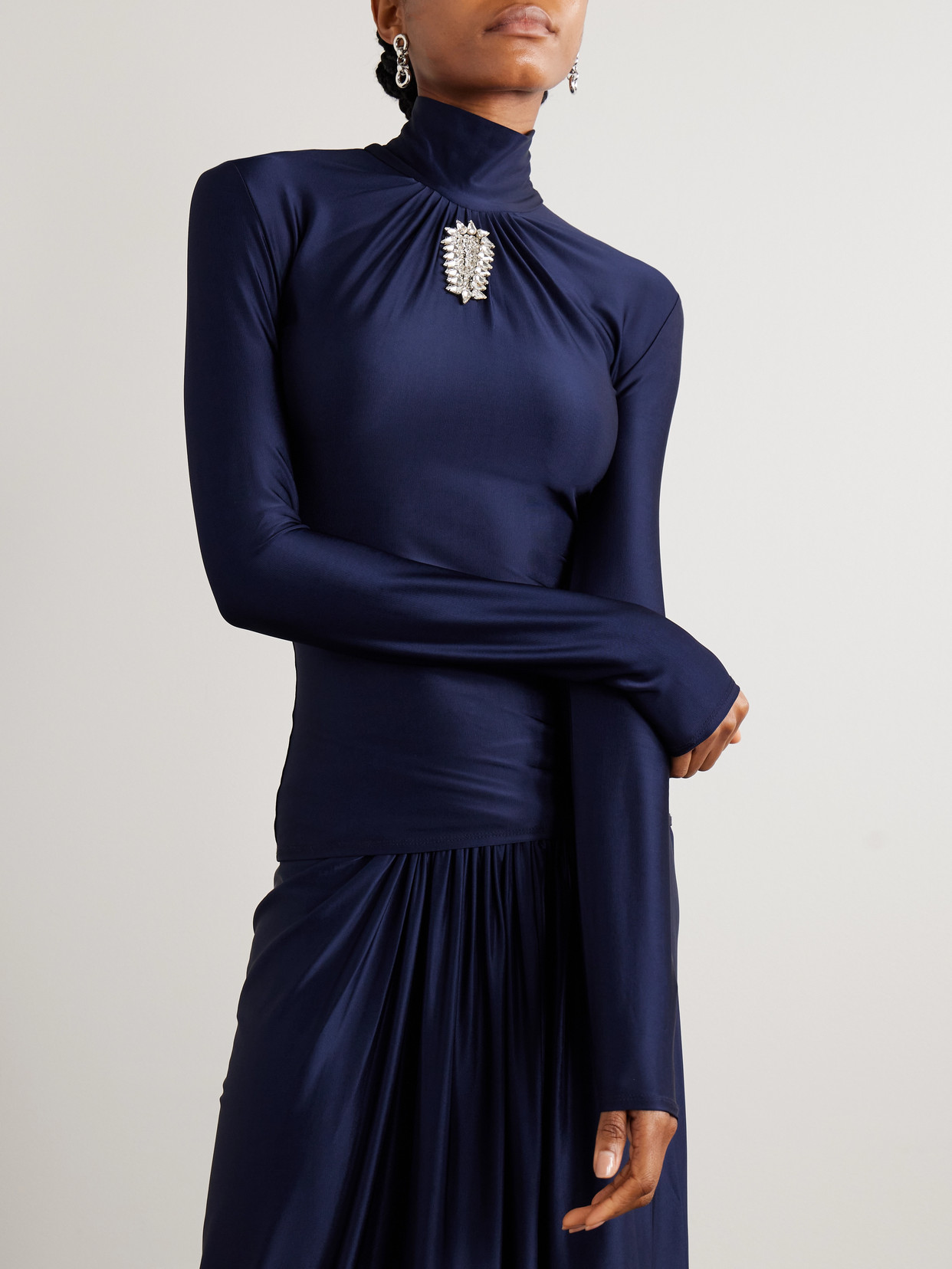 Rabanne Crystal-embellished Gathered Satin-jersey Top In Blue