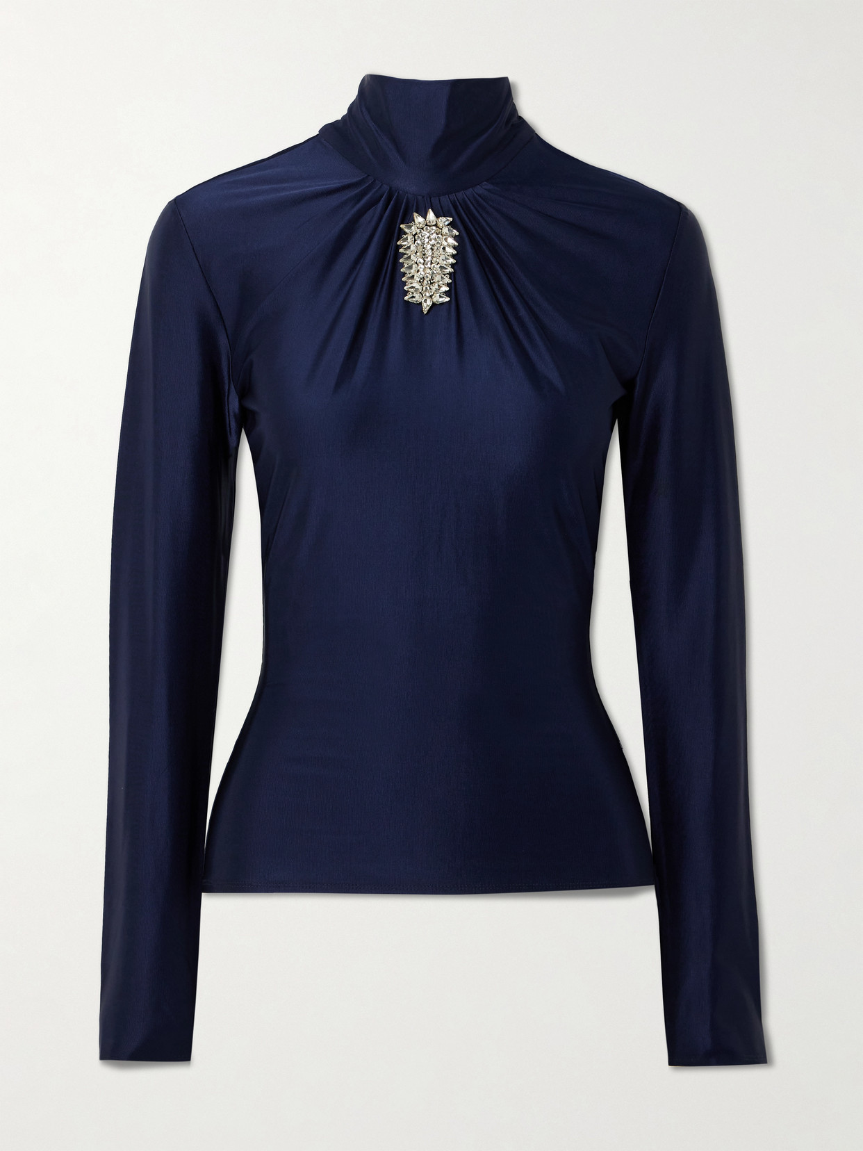 Rabanne Crystal-embellished Gathered Satin-jersey Top In Blue