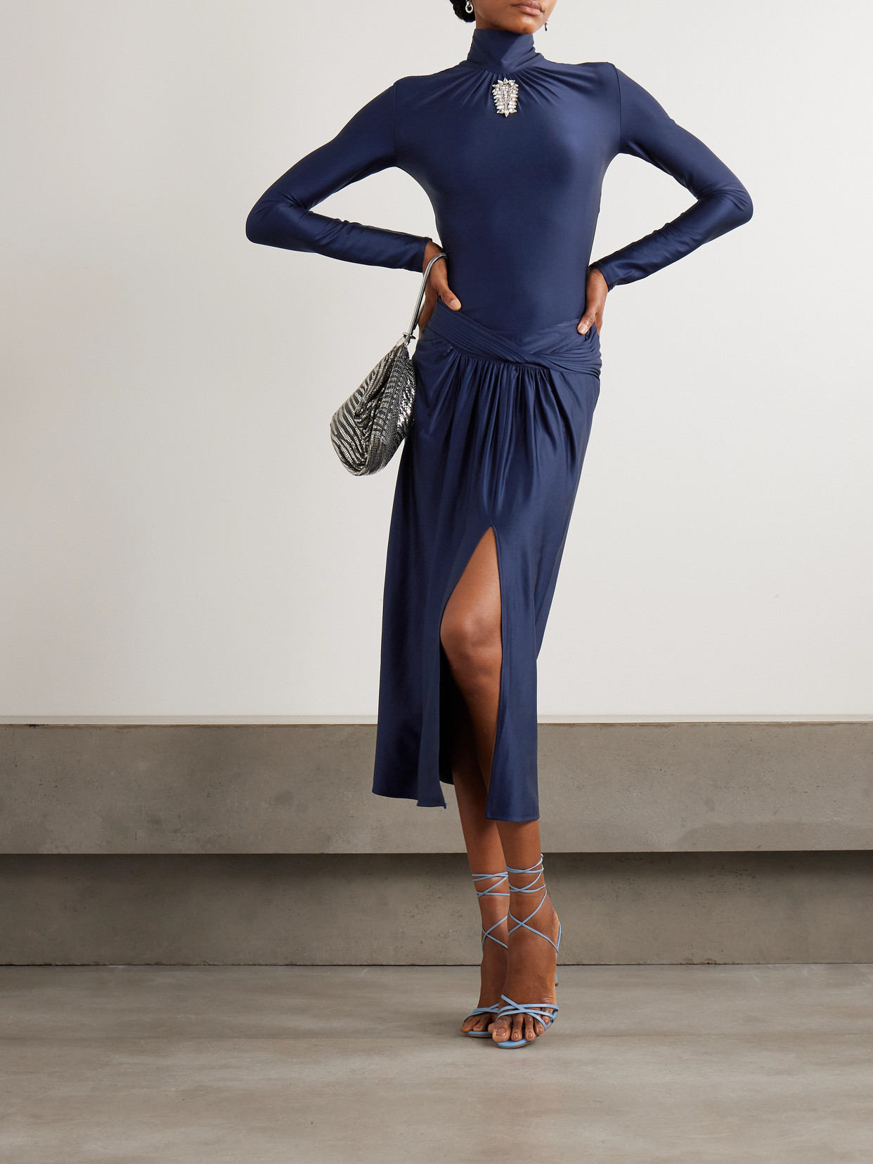 Rabanne Draped Satin-jersey Midi Skirt In Blue