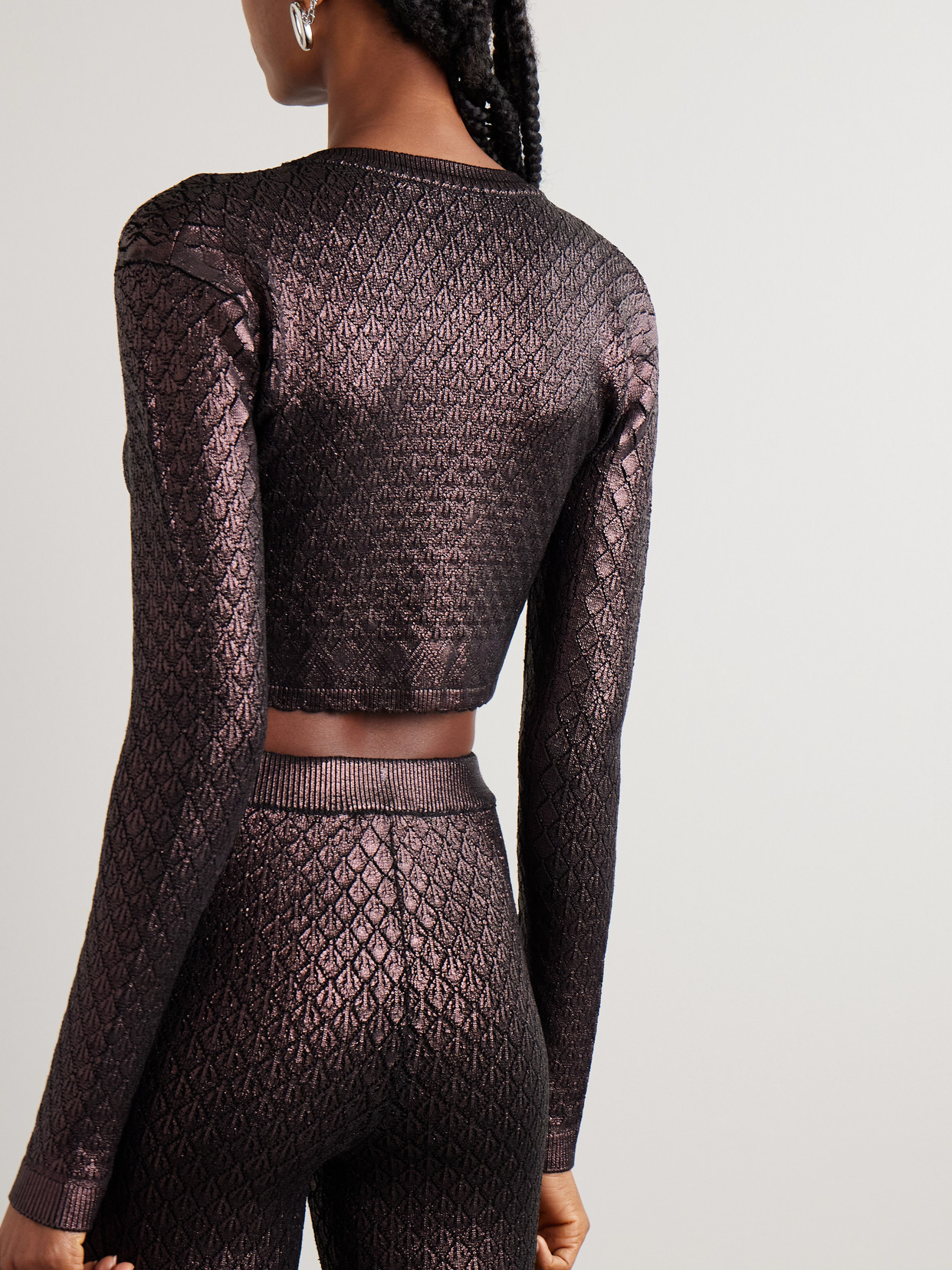 Rabanne Cropped Metallic Jacquard-knit Cardigan In Burgundy