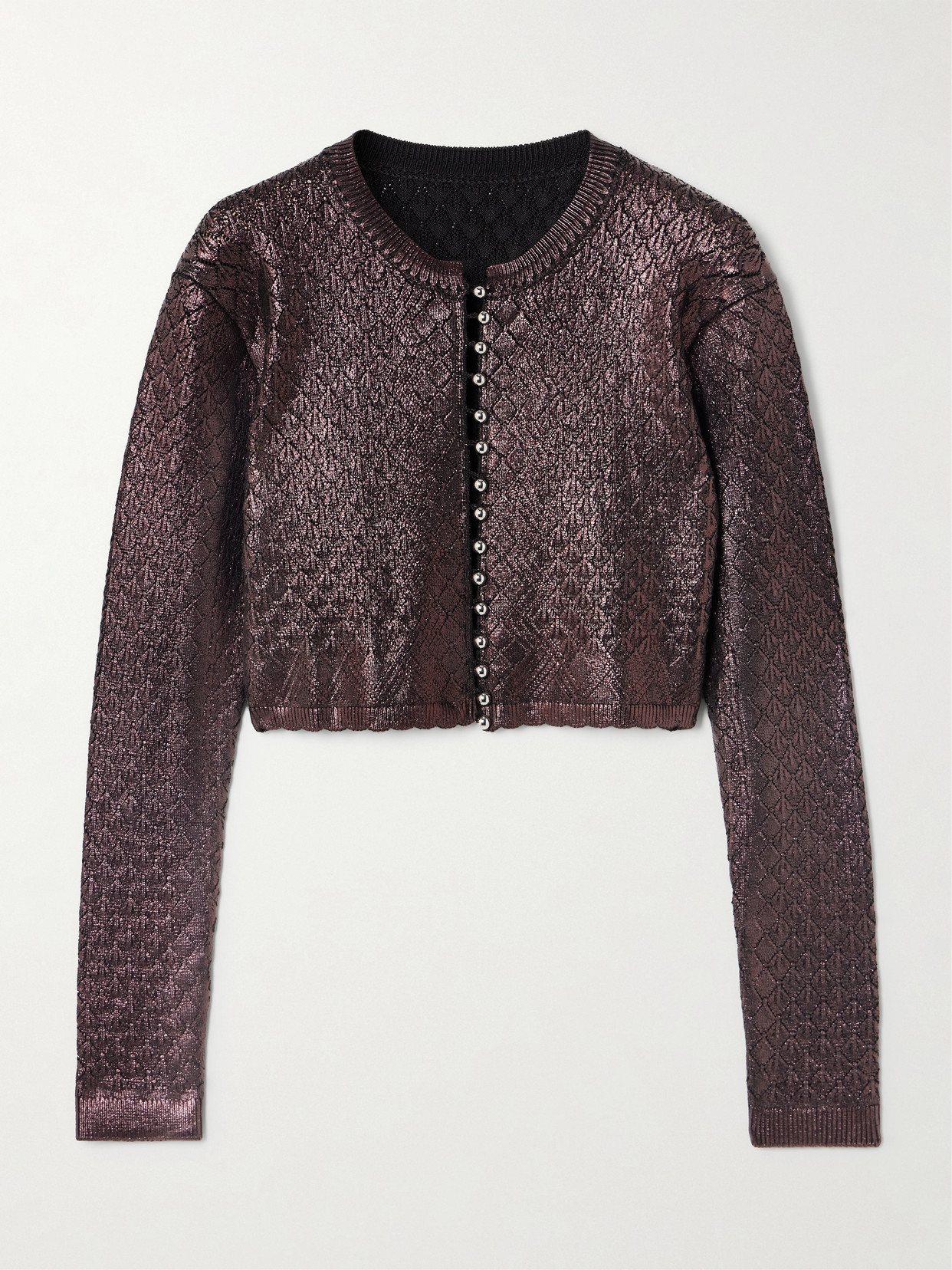 Rabanne Cropped Metallic Jacquard-knit Cardigan In Burgundy
