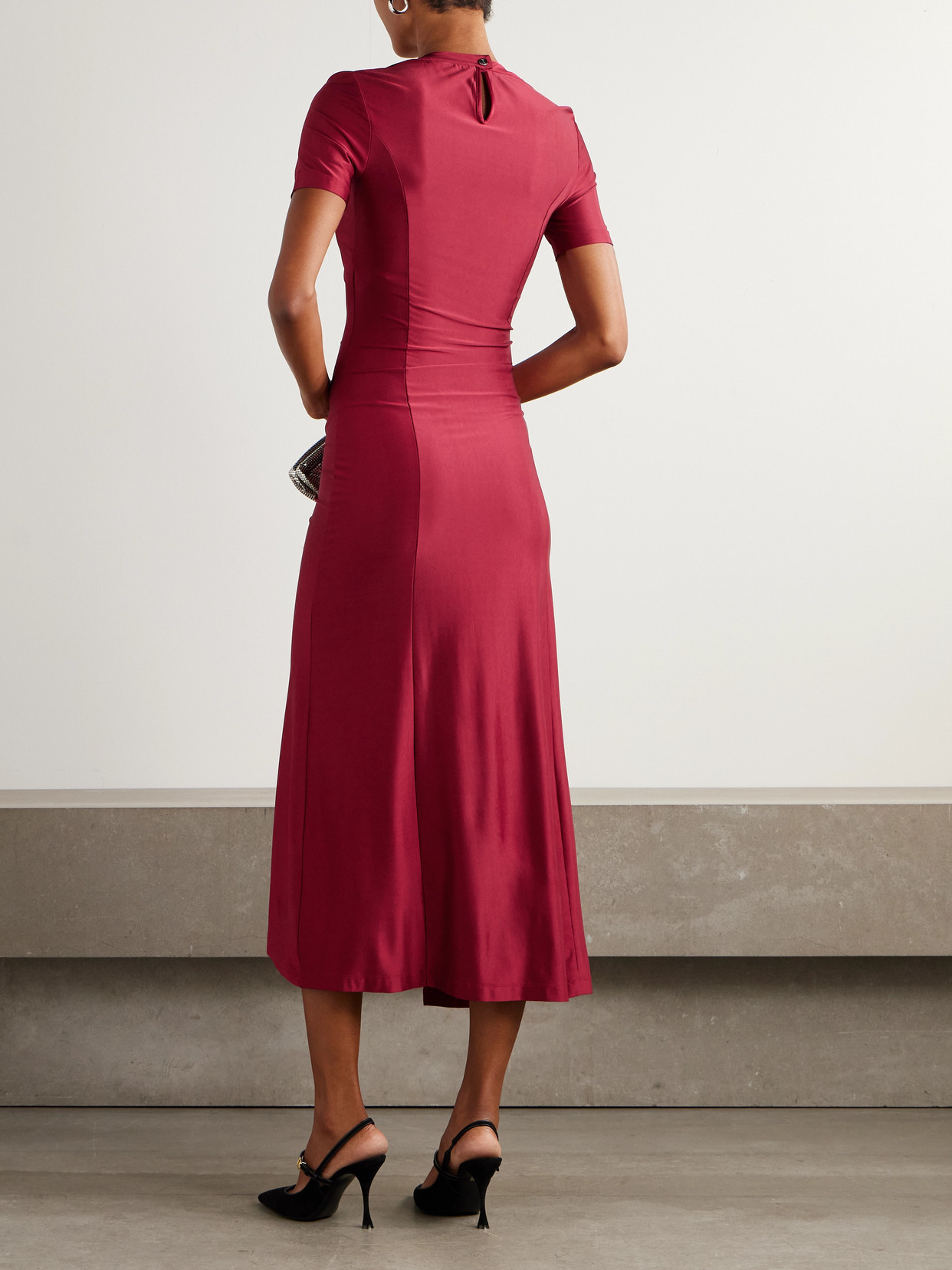 Rabanne Button-detailed Gathered Jersey Midi Dress In Red