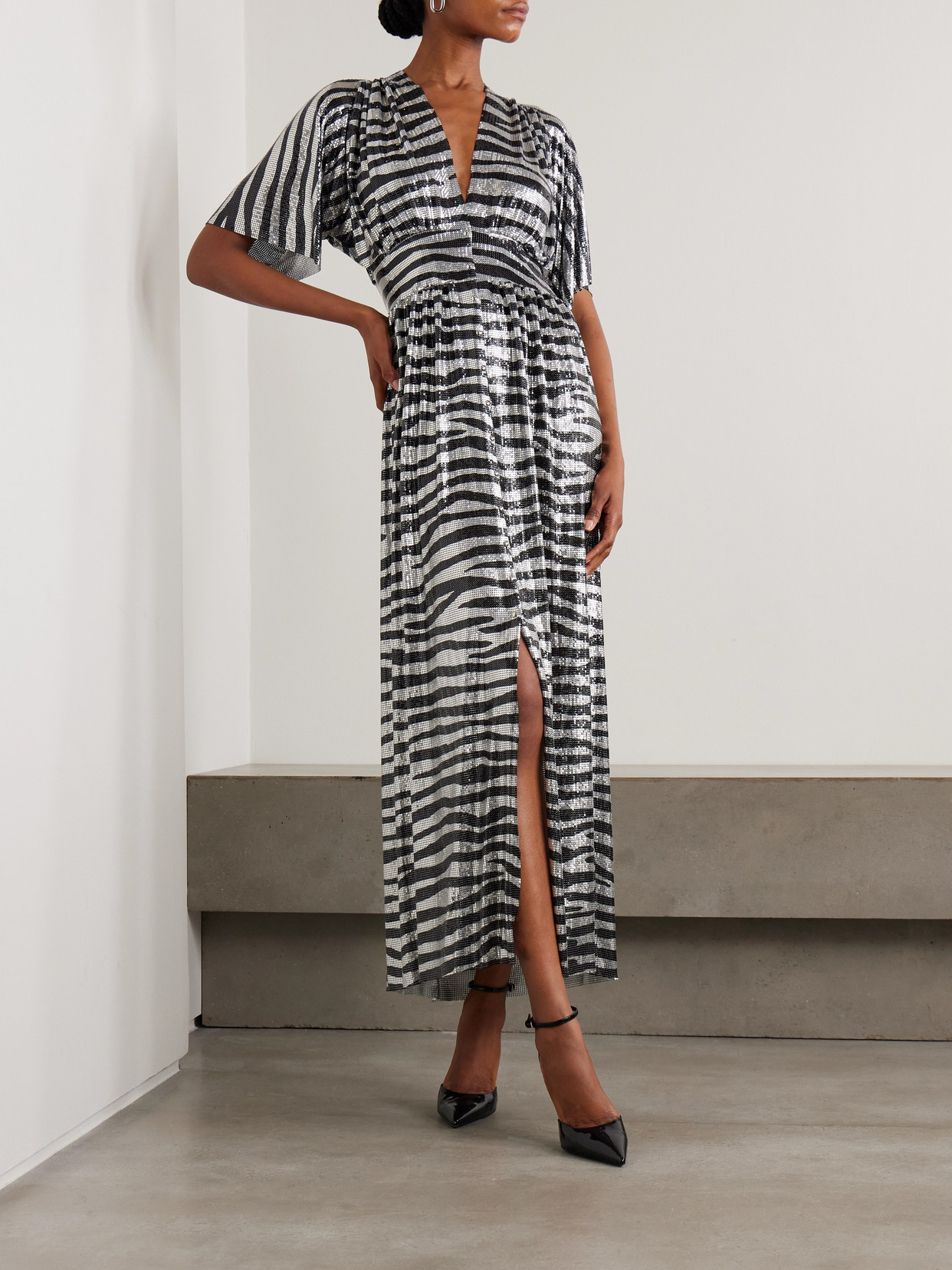 Rabanne Zebra-print Chainmail Midi Dress In Black