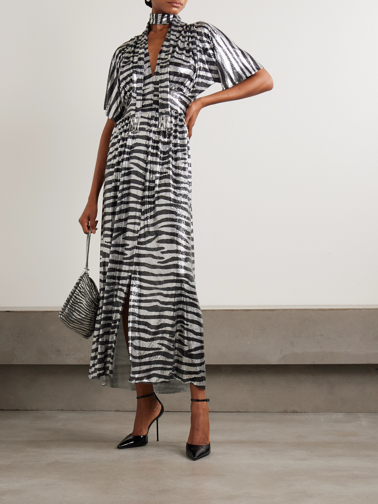 Rabanne Zebra-print Chainmail Midi Dress In Black
