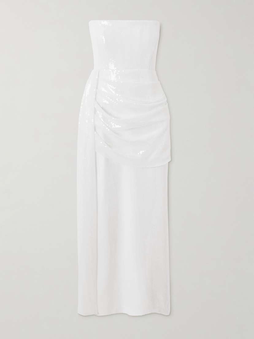 Alex Perry Strapless Draped Sequined Mesh Midi Dress