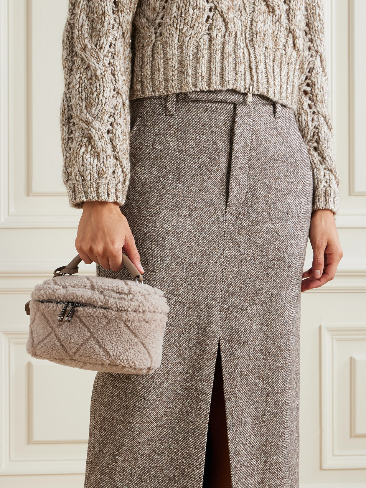Leather-Trimmed Shearling Tote