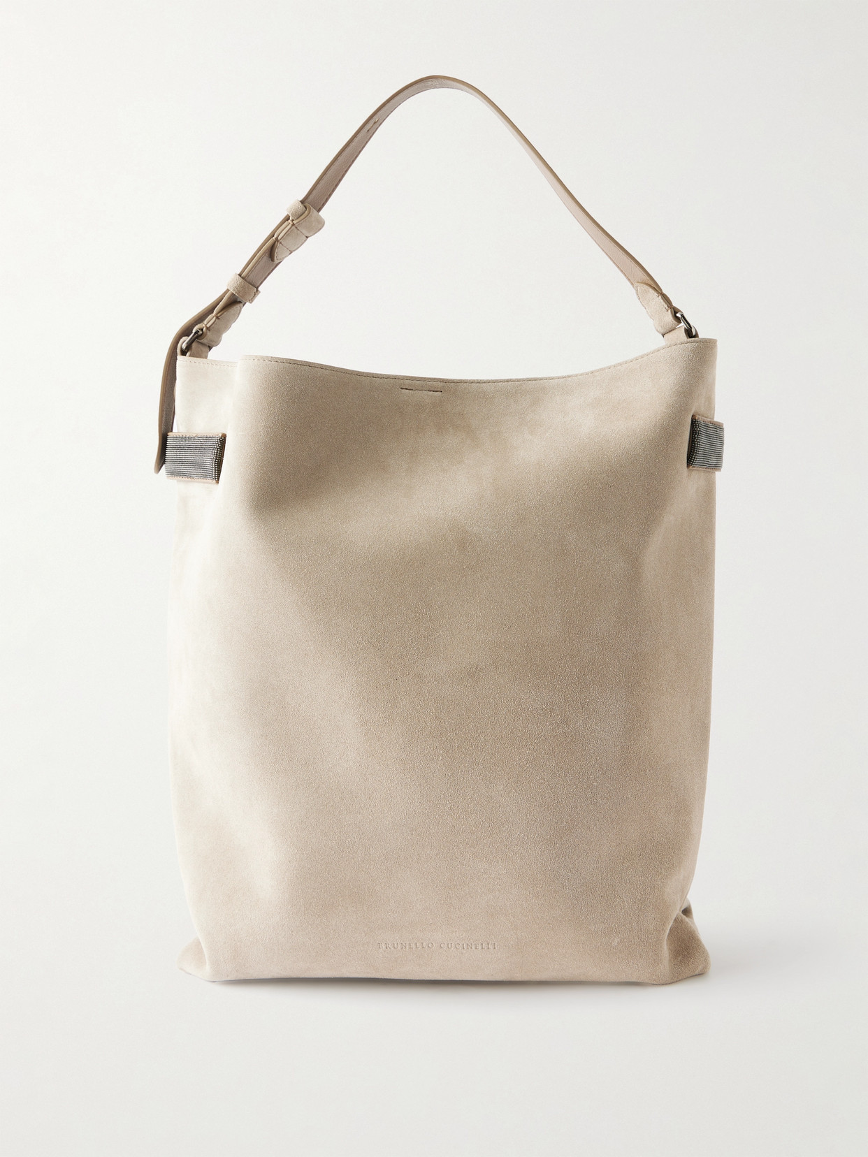 Brunello Cucinelli Bead-embellished Suede Shoulder Bag In Neutral