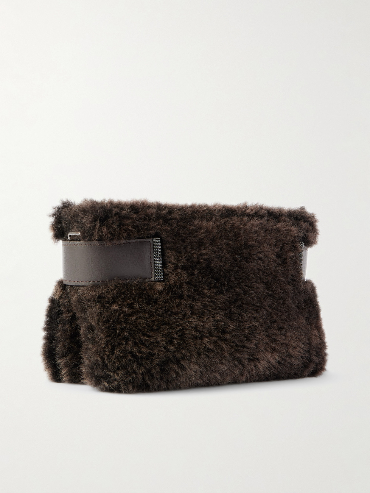 Brunello Cucinelli Bead-embellished Leather-trimmed Shearling Clutch In Brown