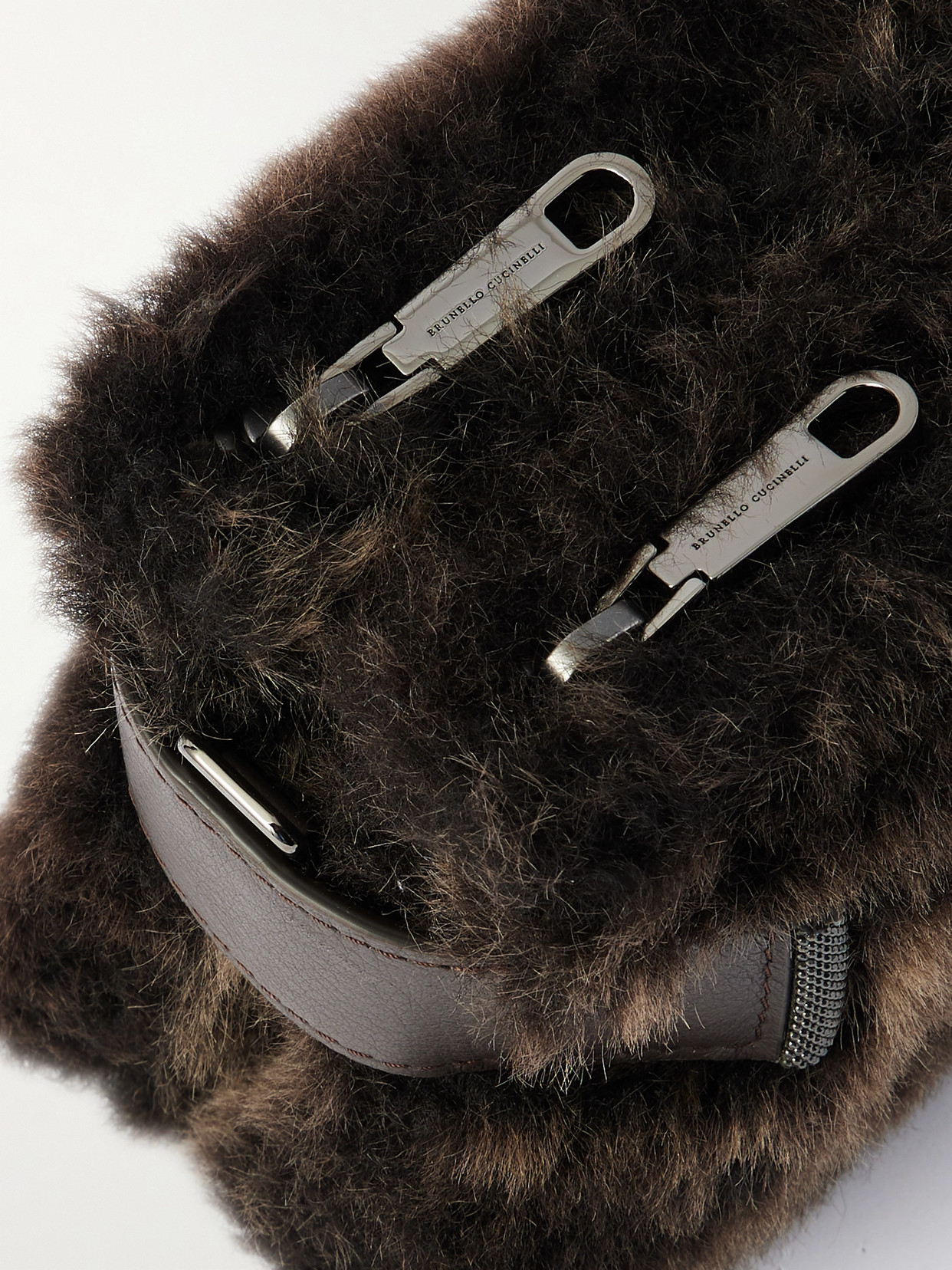 Brunello Cucinelli Bead-embellished Leather-trimmed Shearling Clutch In Brown