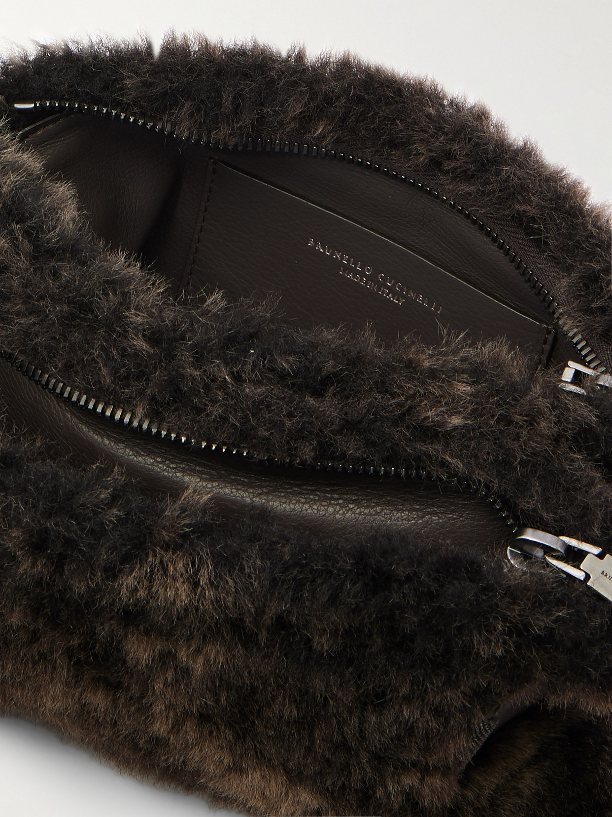 Brunello Cucinelli Bead-embellished Leather-trimmed Shearling Clutch In Brown