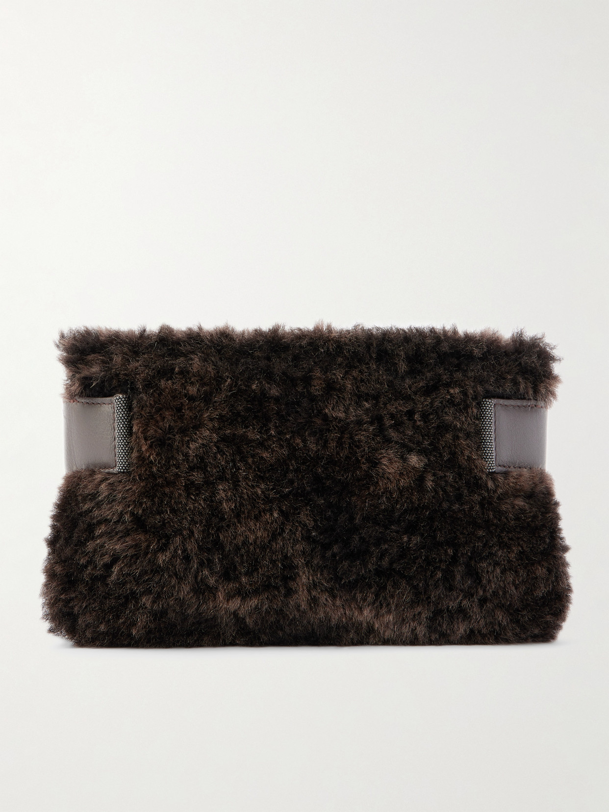 Brunello Cucinelli Bead-embellished Leather-trimmed Shearling Clutch In Brown