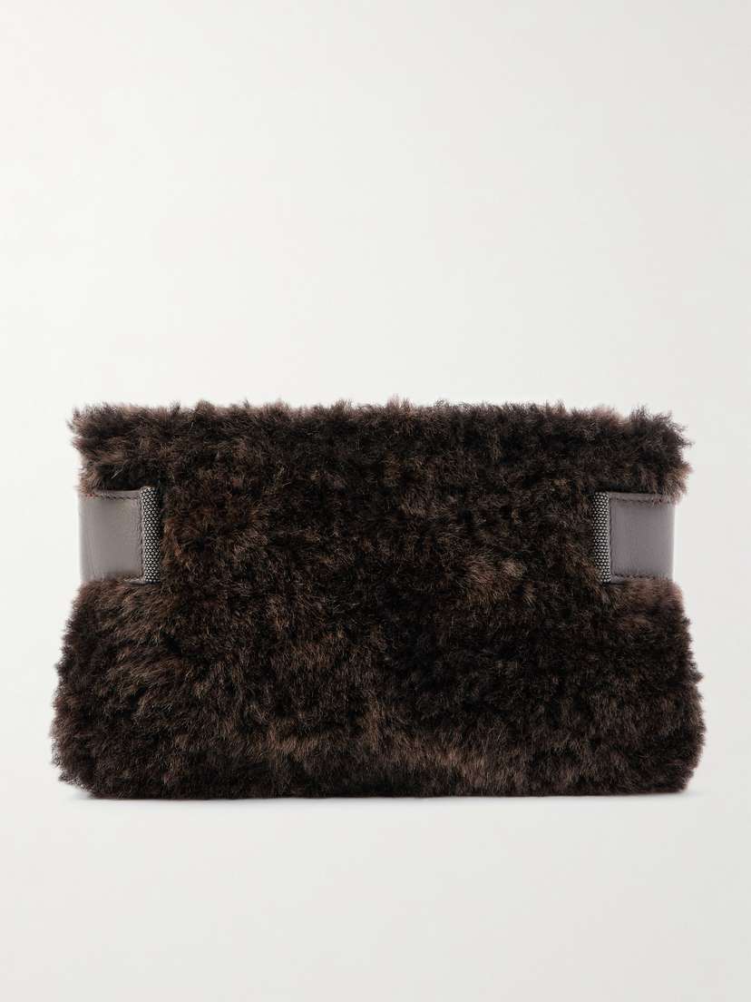 Brunello Cucinelli Bead-embellished Leather-trimmed Shearling Clutch