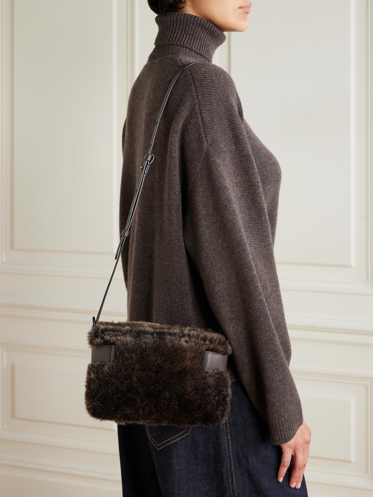 Brunello Cucinelli Bead-embellished Leather-trimmed Shearling Clutch In Brown