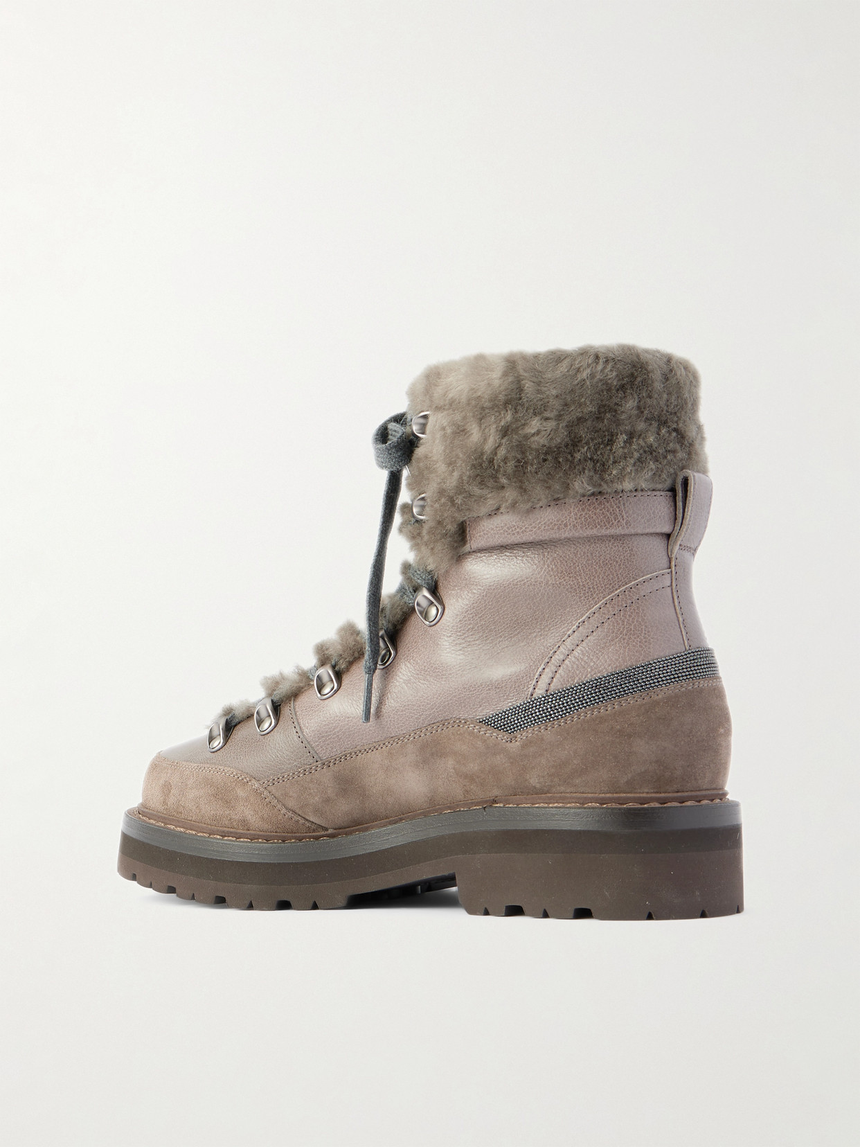 Brunello Cucinelli Bead-embellished Shearling-trimmed Leather Ankle Boots In Multi