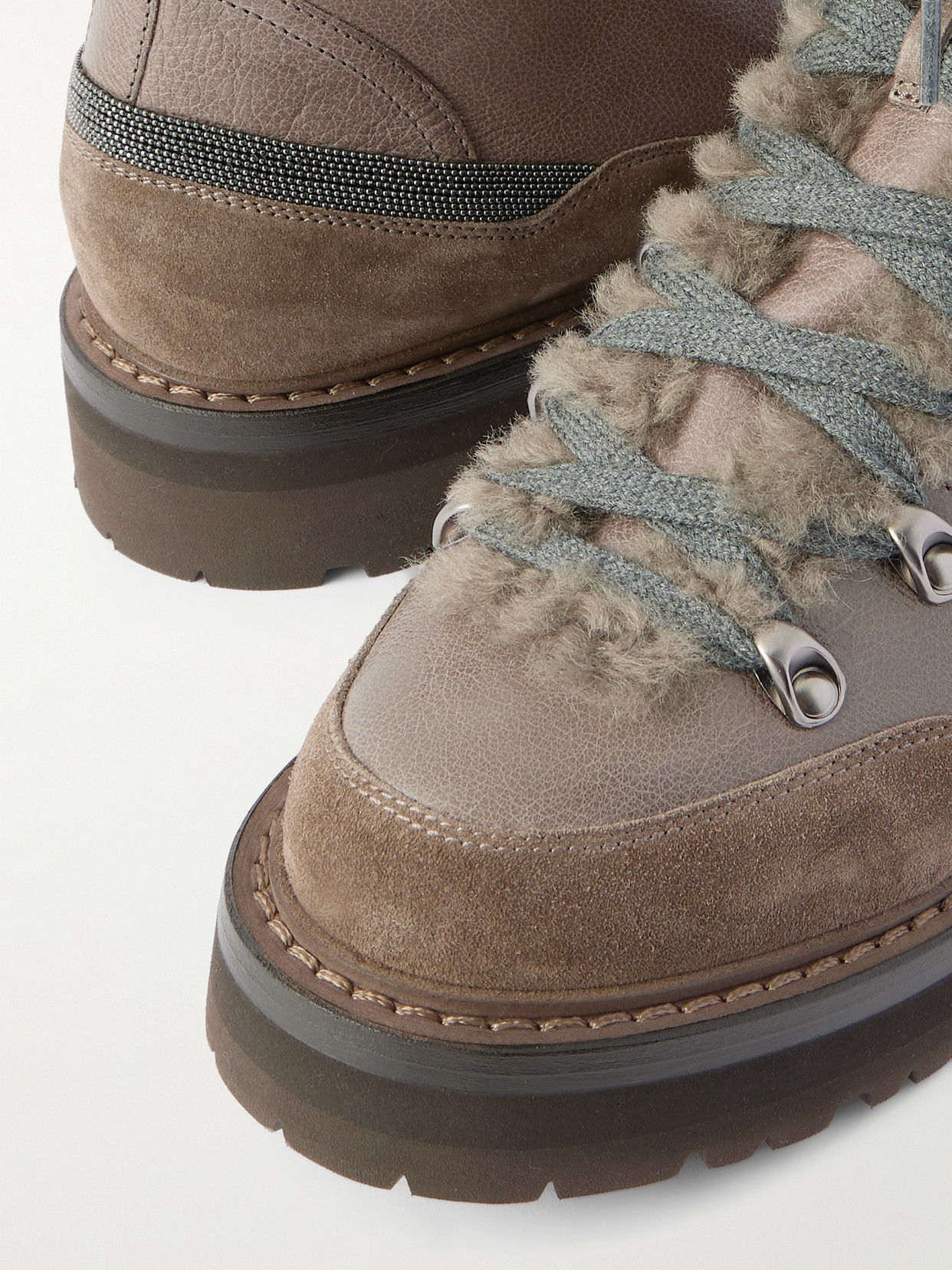 Brunello Cucinelli Bead-embellished Shearling-trimmed Leather Ankle Boots In Multi