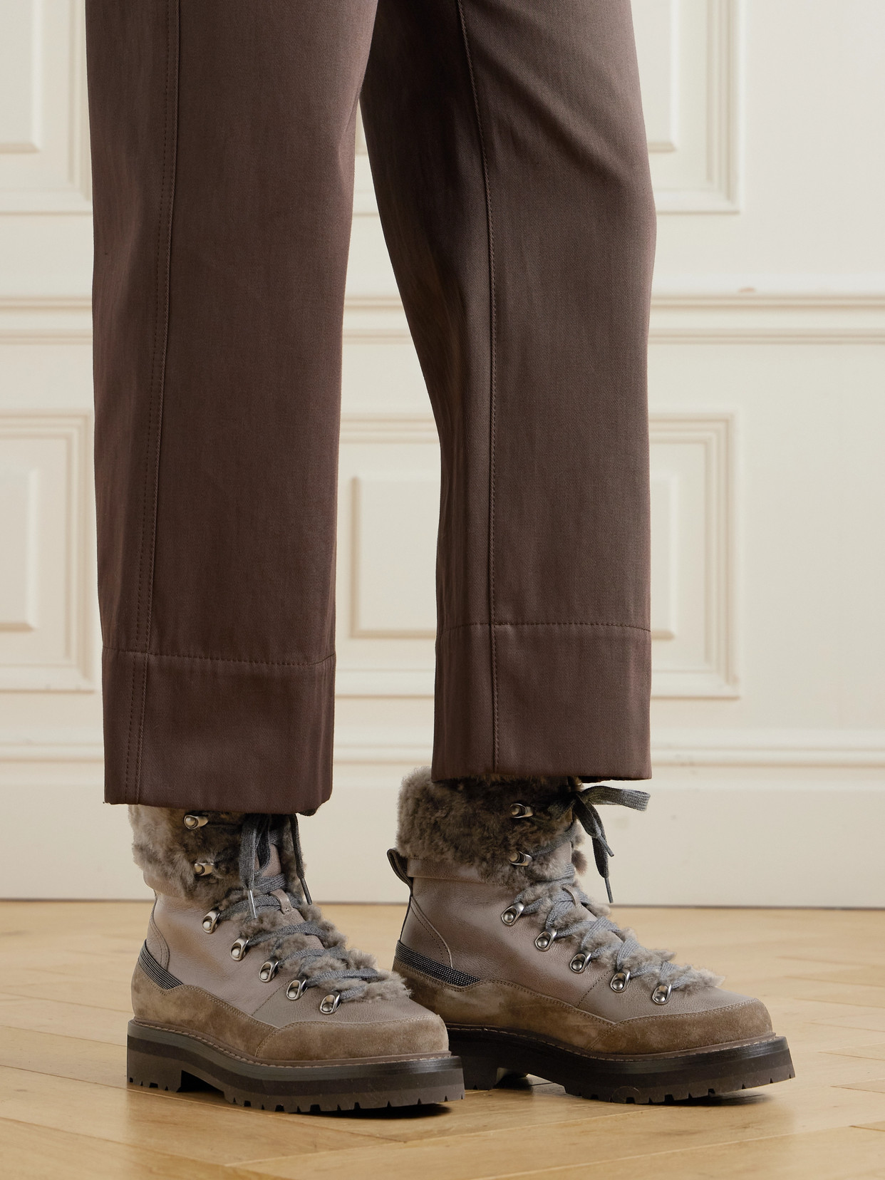 Brunello Cucinelli Bead-embellished Shearling-trimmed Leather Ankle Boots In Multi