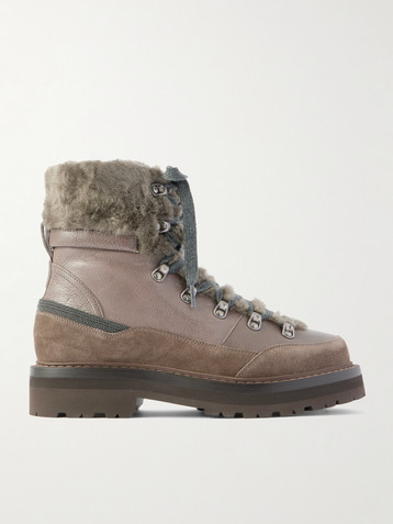 Brunello Cucinelli Bead-embellished shearling-trimmed leather ankle boots