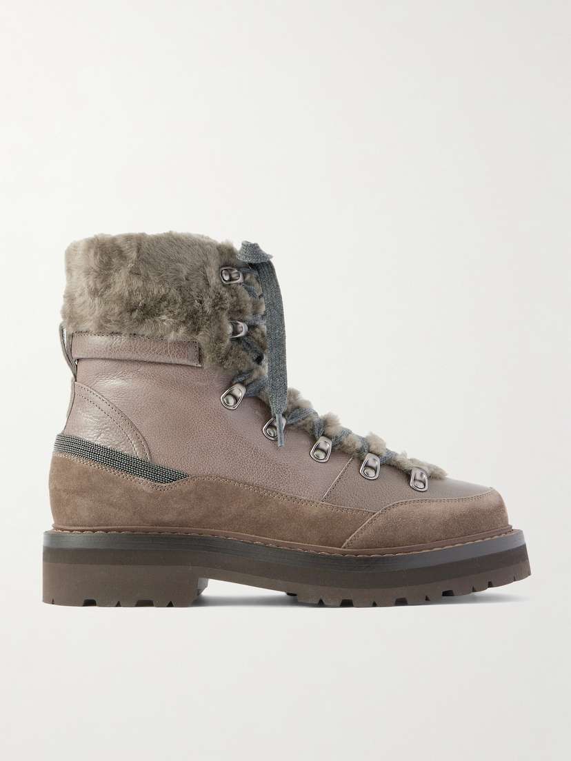 Brunello Cucinelli Bead-embellished Shearling-trimmed Leather Ankle Boots