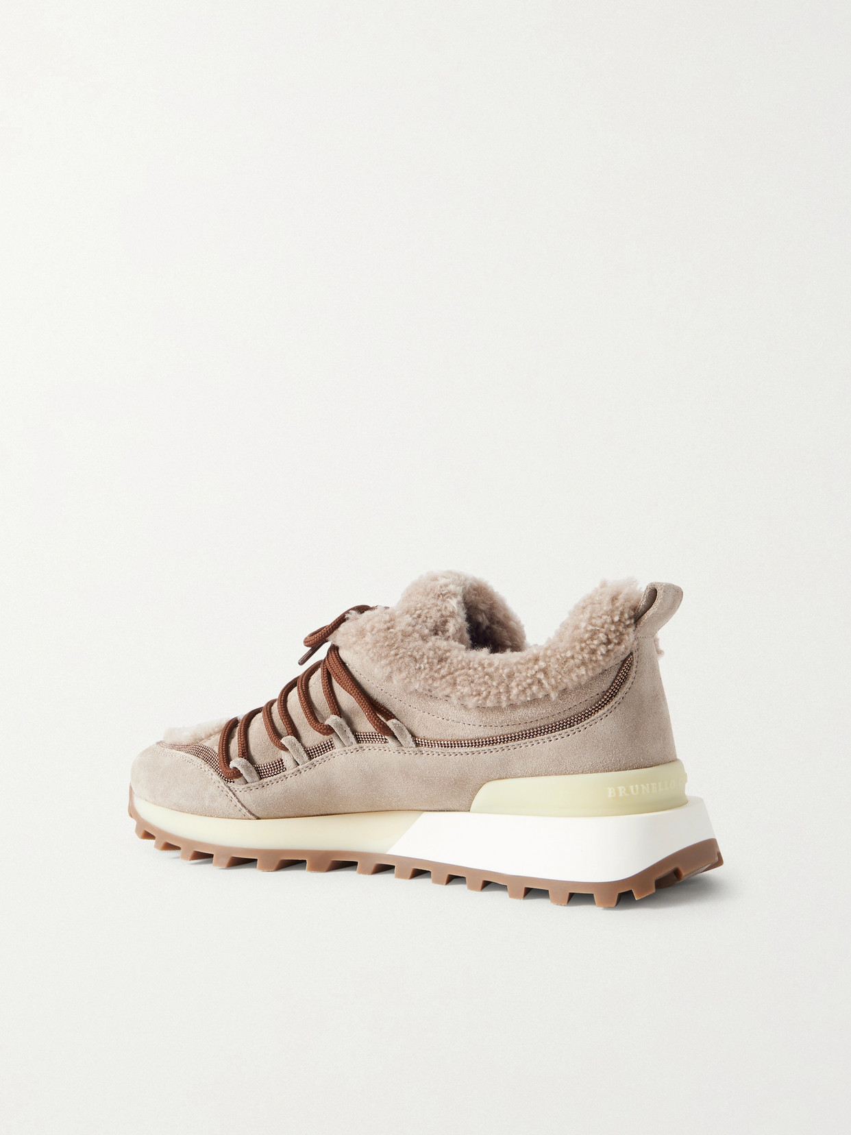 Brunello Cucinelli Bead-embellished Rubber-trimmed Shearling Sneakers In Brown