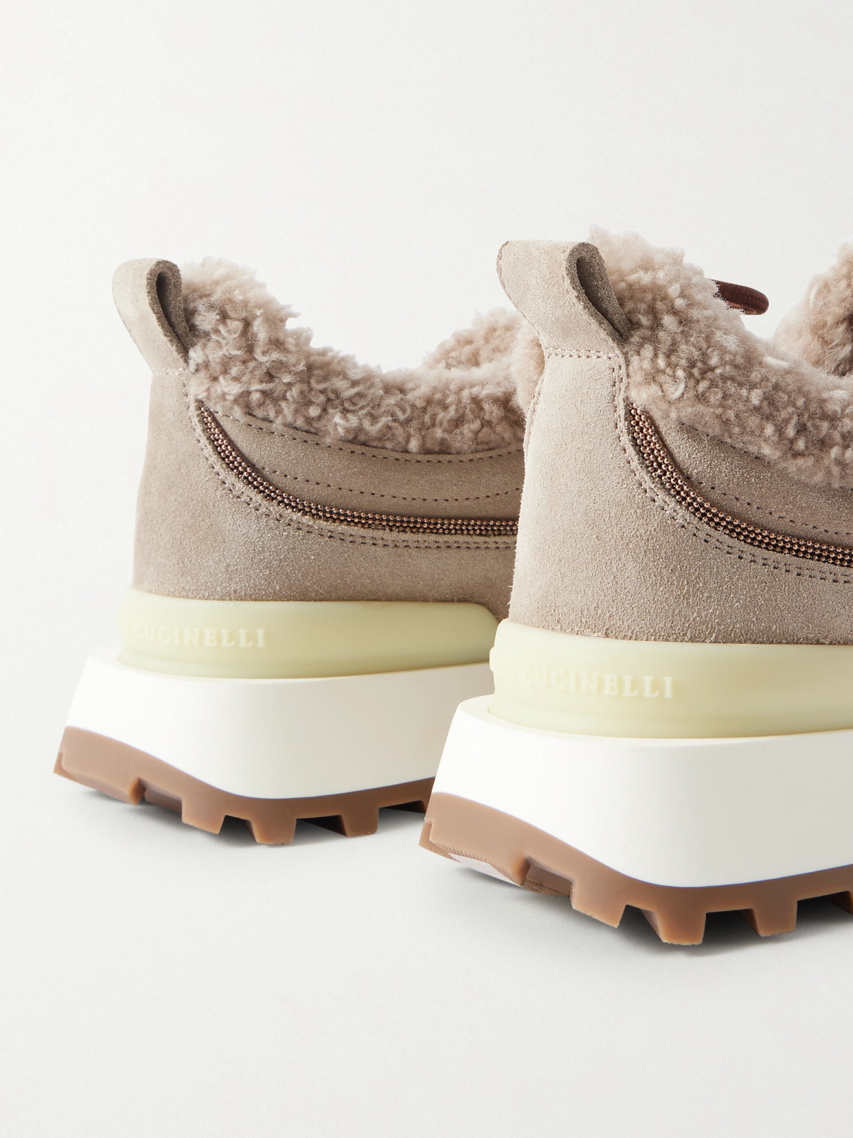 Brunello Cucinelli Bead-embellished Rubber-trimmed Shearling Sneakers In Brown