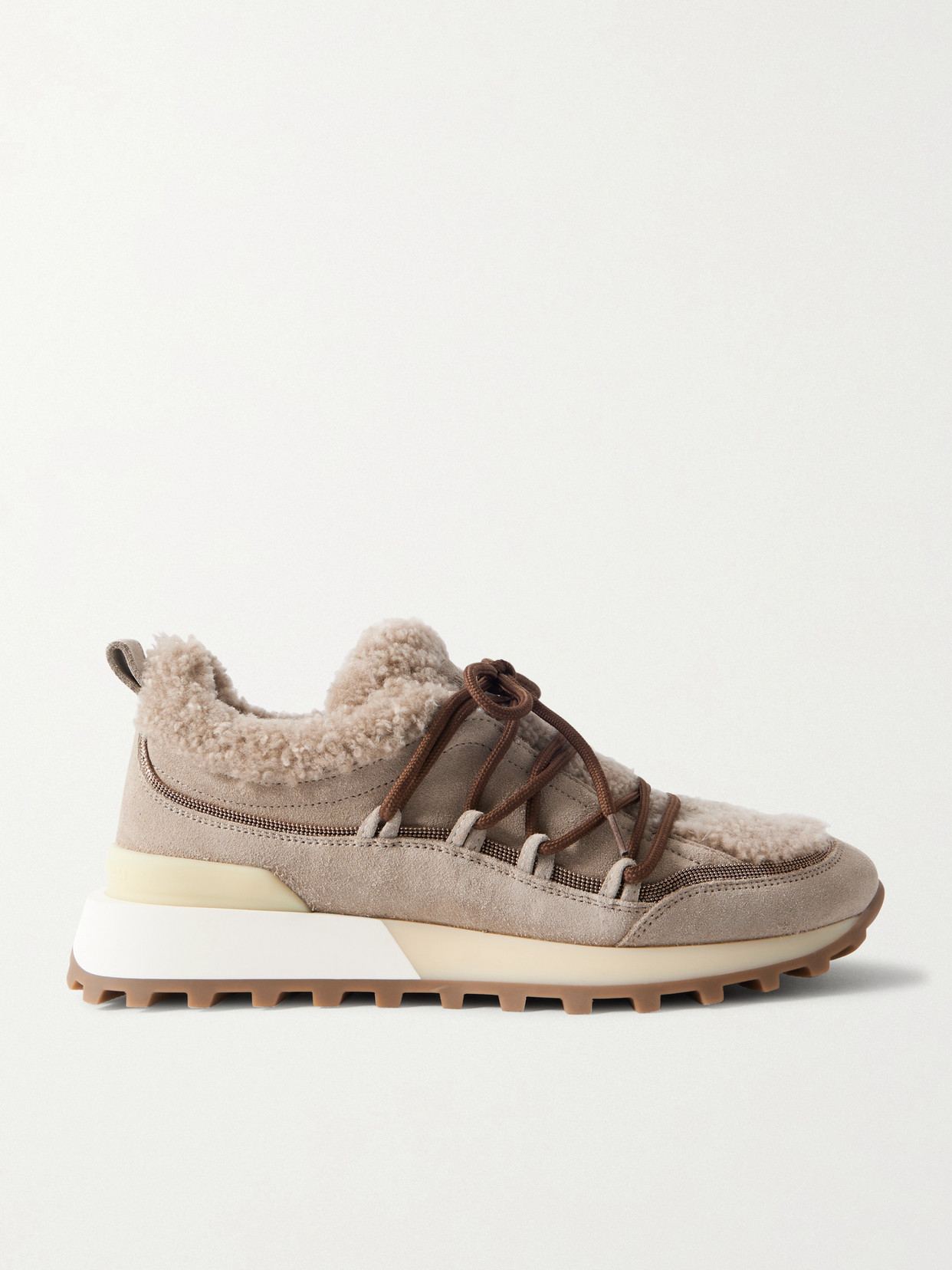 Brunello Cucinelli Bead-embellished Rubber-trimmed Shearling Sneakers In Brown