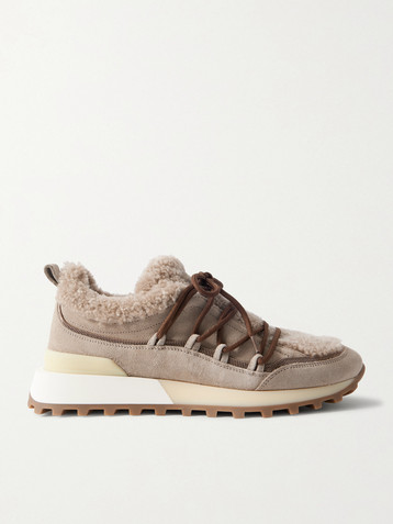 Brunello Cucinelli Bead-embellished rubber-trimmed shearling sneakers