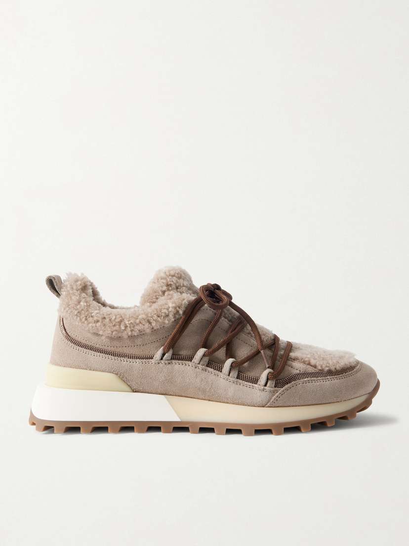 Brunello Cucinelli — Bead-embellished rubber-trimmed shearling sneakers