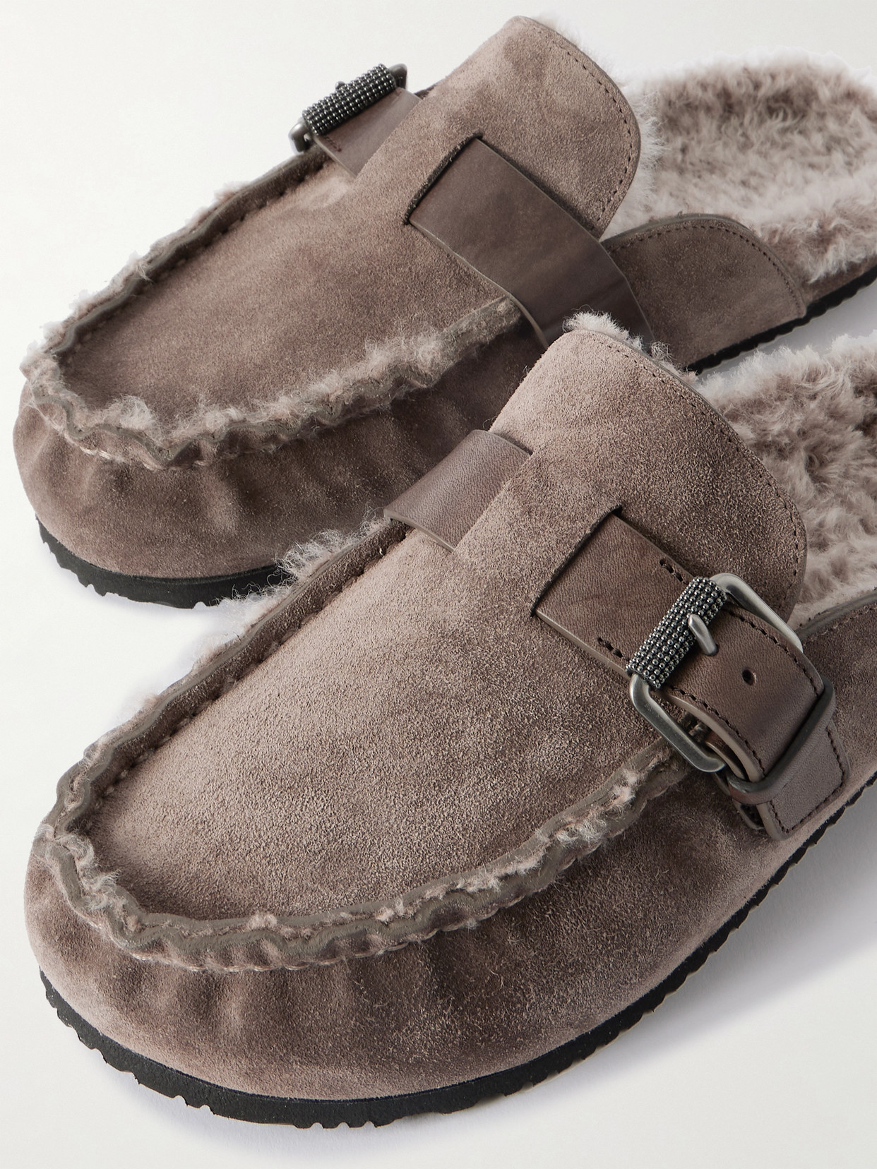 Brunello Cucinelli Buckled Shearling Mules In Brown