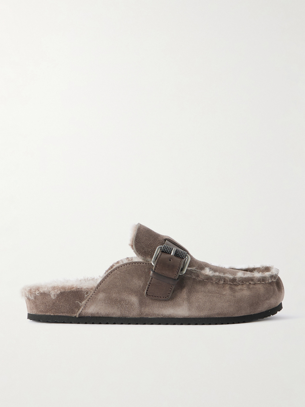 Brunello Cucinelli Buckled Shearling Mules In Brown