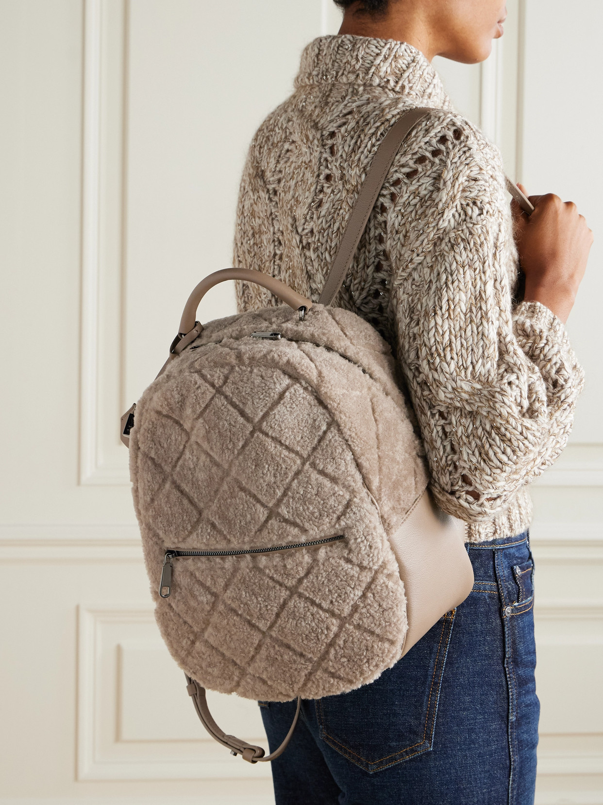 Brunello Cucinelli Leather-trimmed Shearling Backpack In Brown