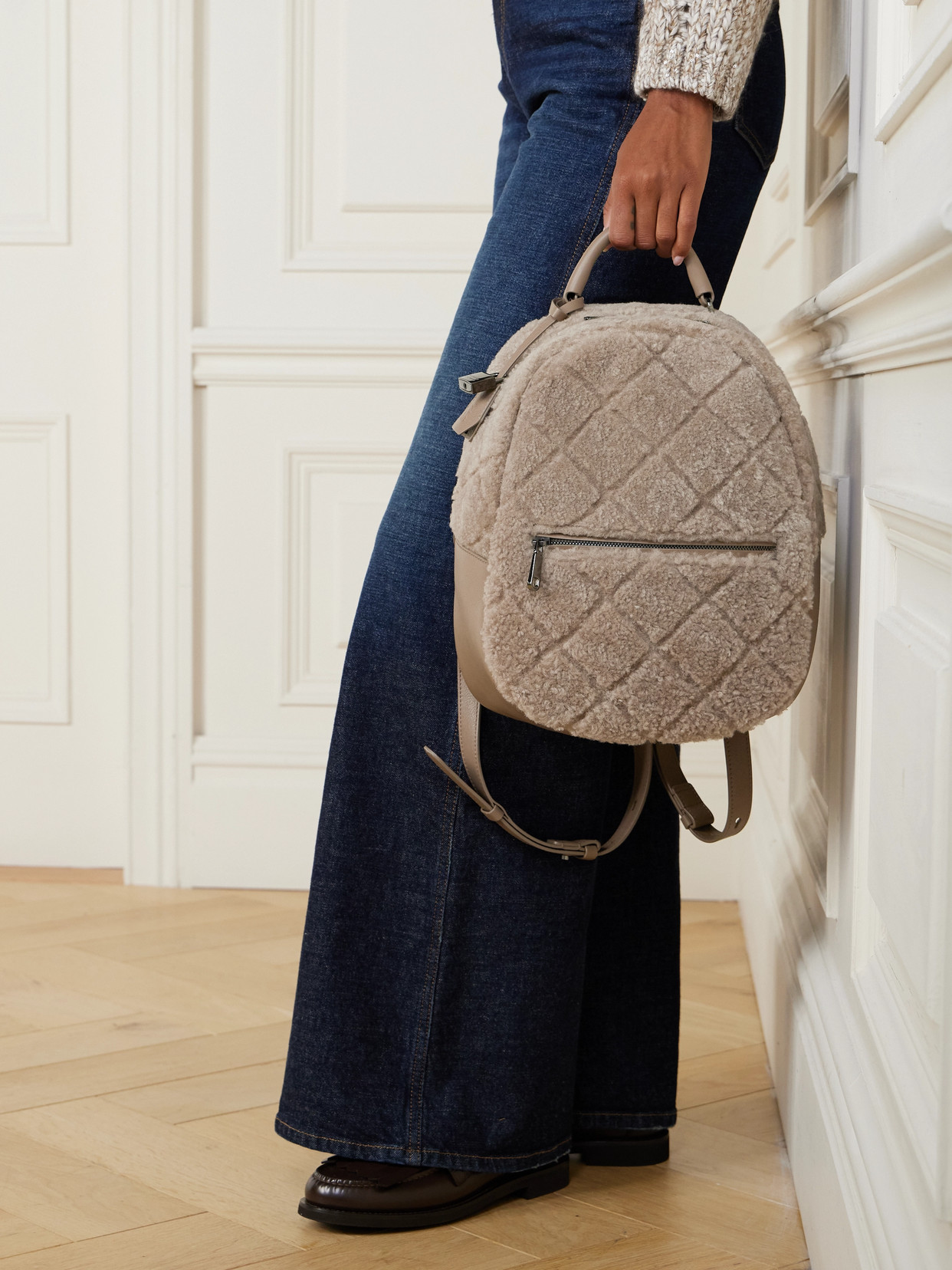 Brunello Cucinelli Leather-trimmed Shearling Backpack In Brown