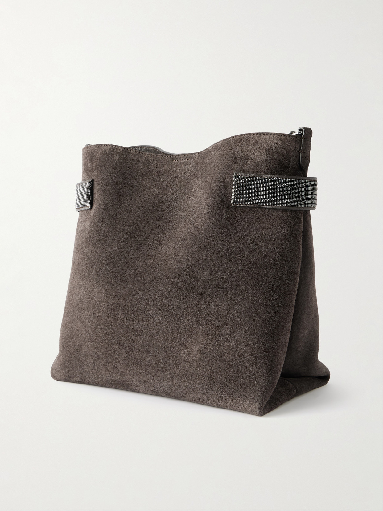 Brunello Cucinelli Bead-embellished Suede Shoulder Bag In Brown