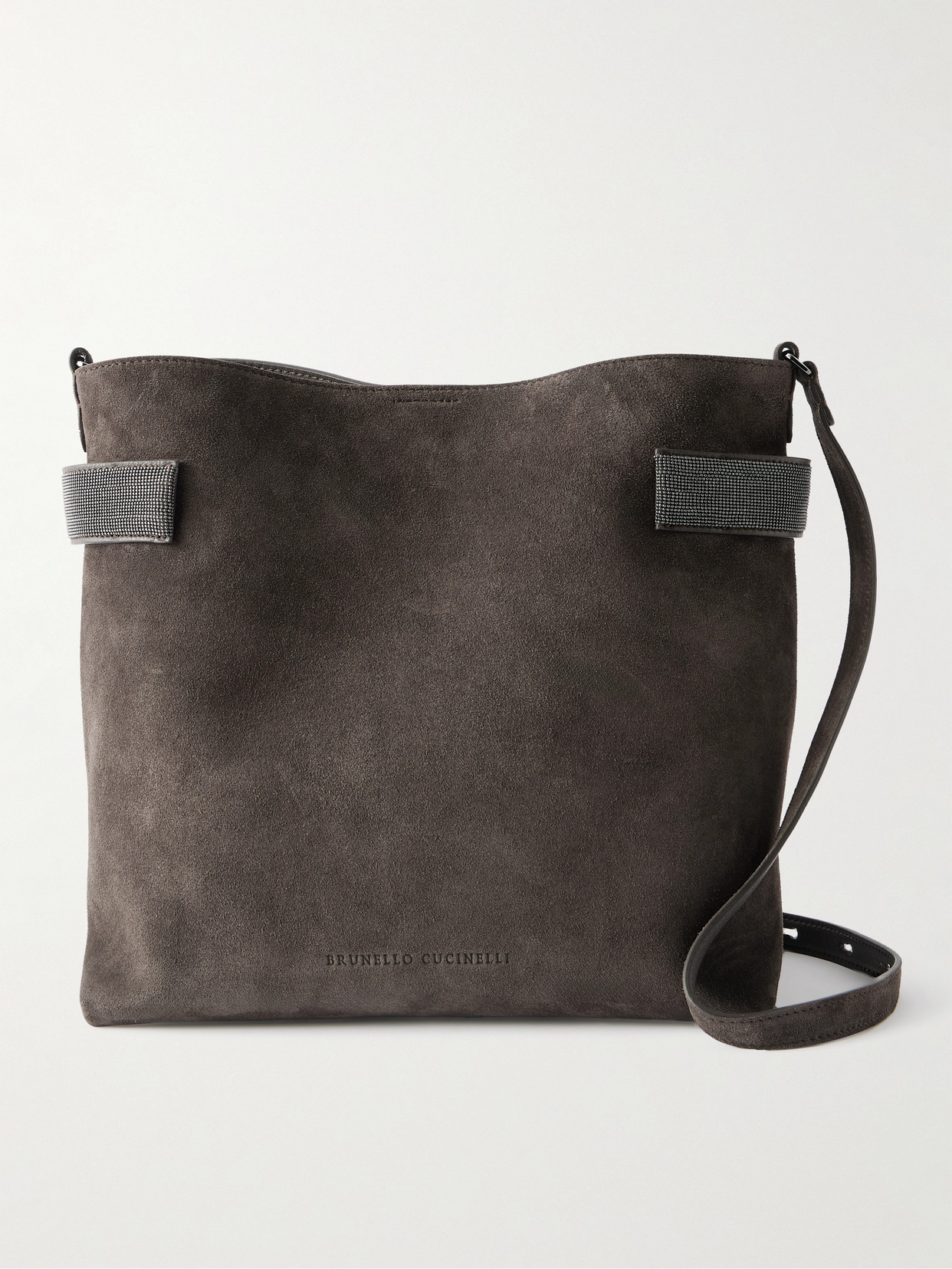 Brunello Cucinelli Bead-embellished Suede Shoulder Bag In Brown